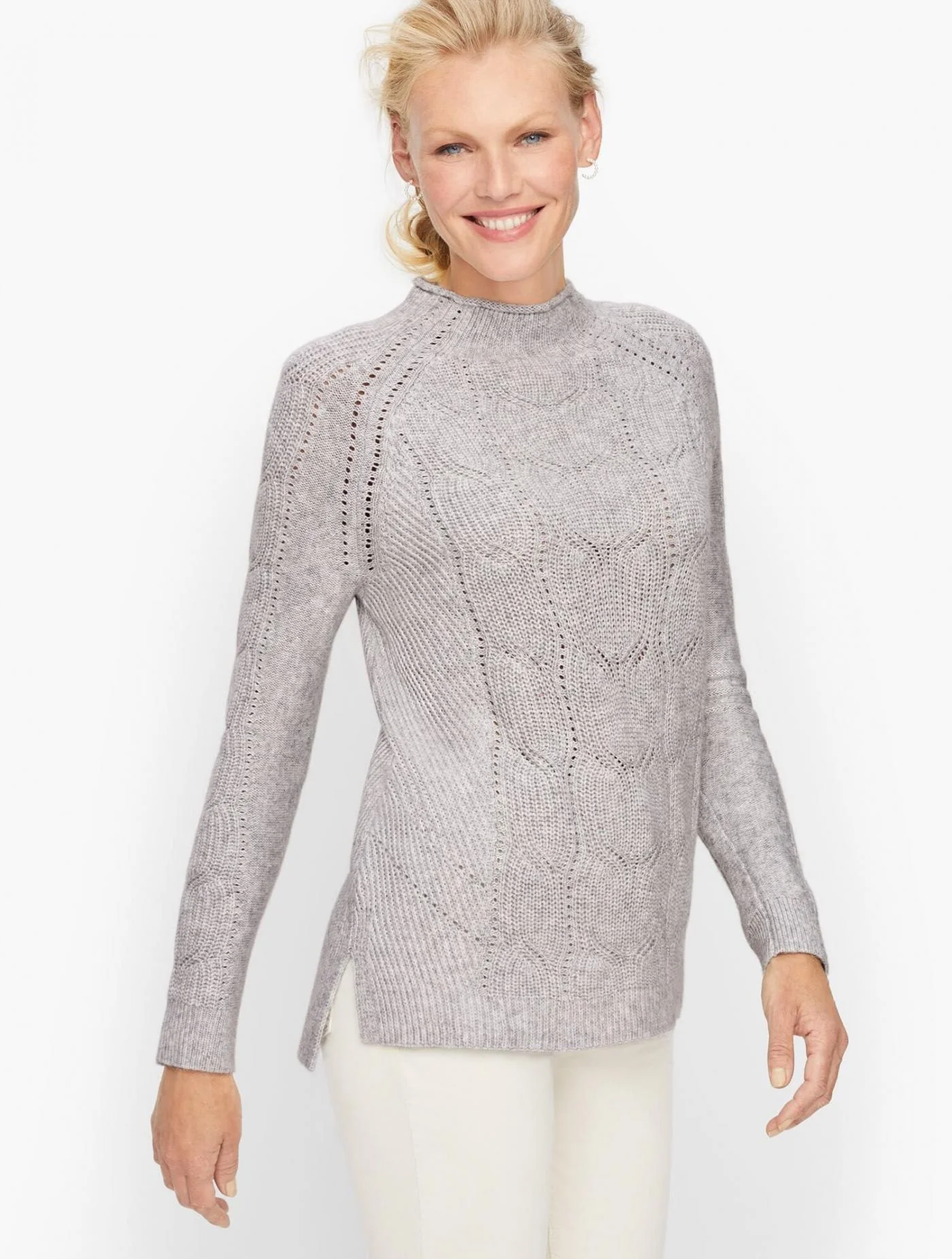 Sweaters | Pointelle Detail Mockneck Sweater &#8211; Solid GREY SKY HEATHER &#8211; Talbots Womens