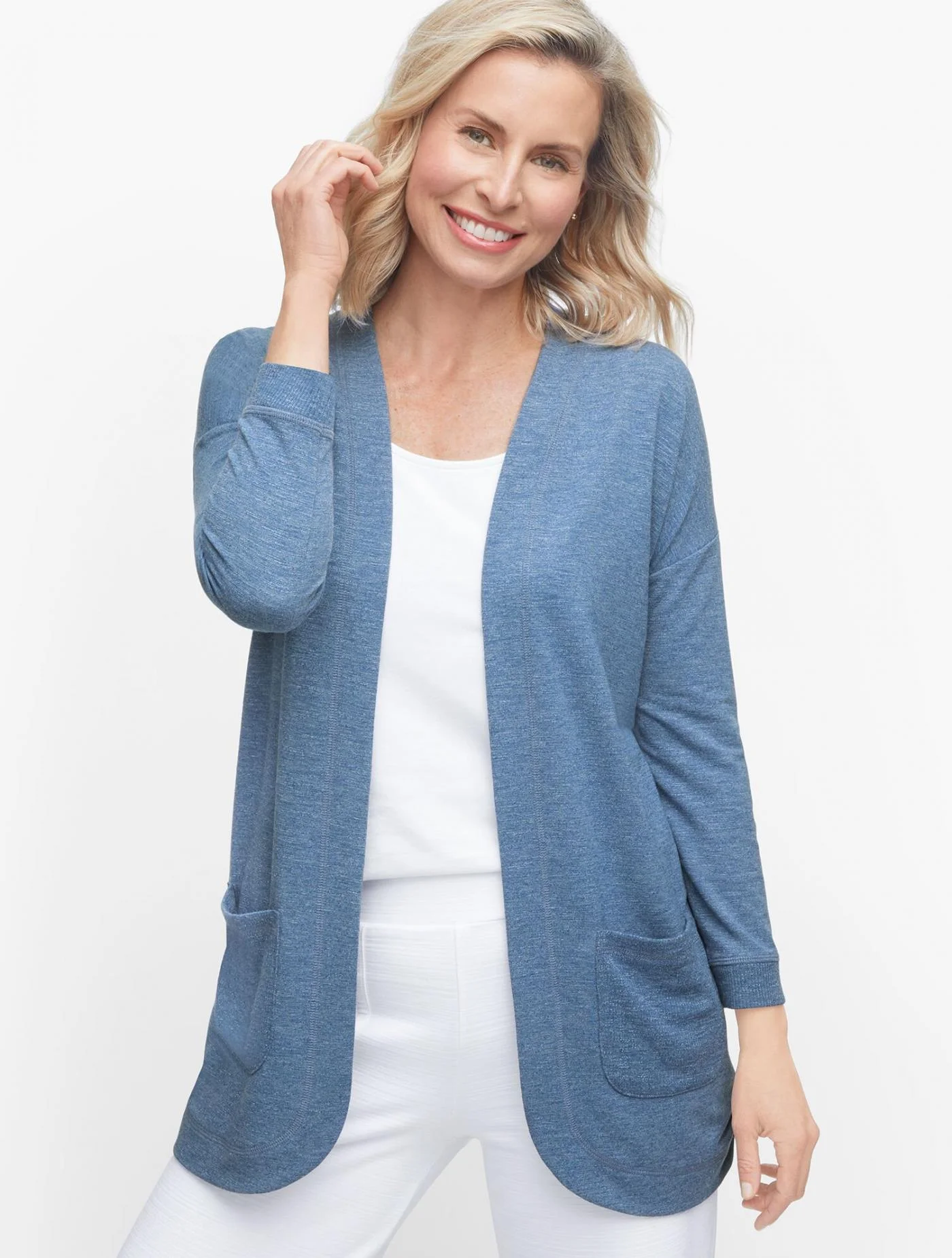 Tees and Knits | Soft French Terry Open Cardigan  DARK CHAMBRAY HTHER &#8211; Talbots Womens