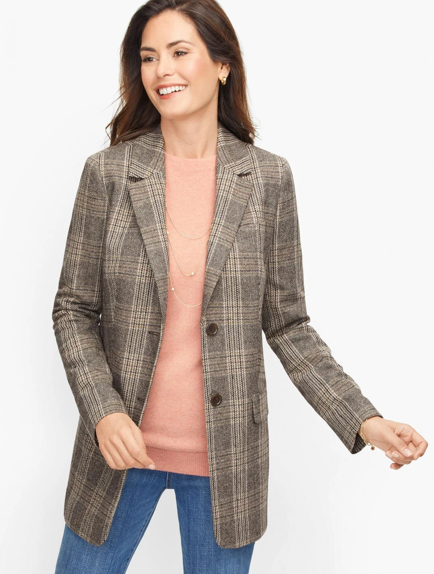 Jackets and Outerwear | Long Wool Blend Blazer &#8211; Glen Plaid BROWN MULTI &#8211; Talbots Womens