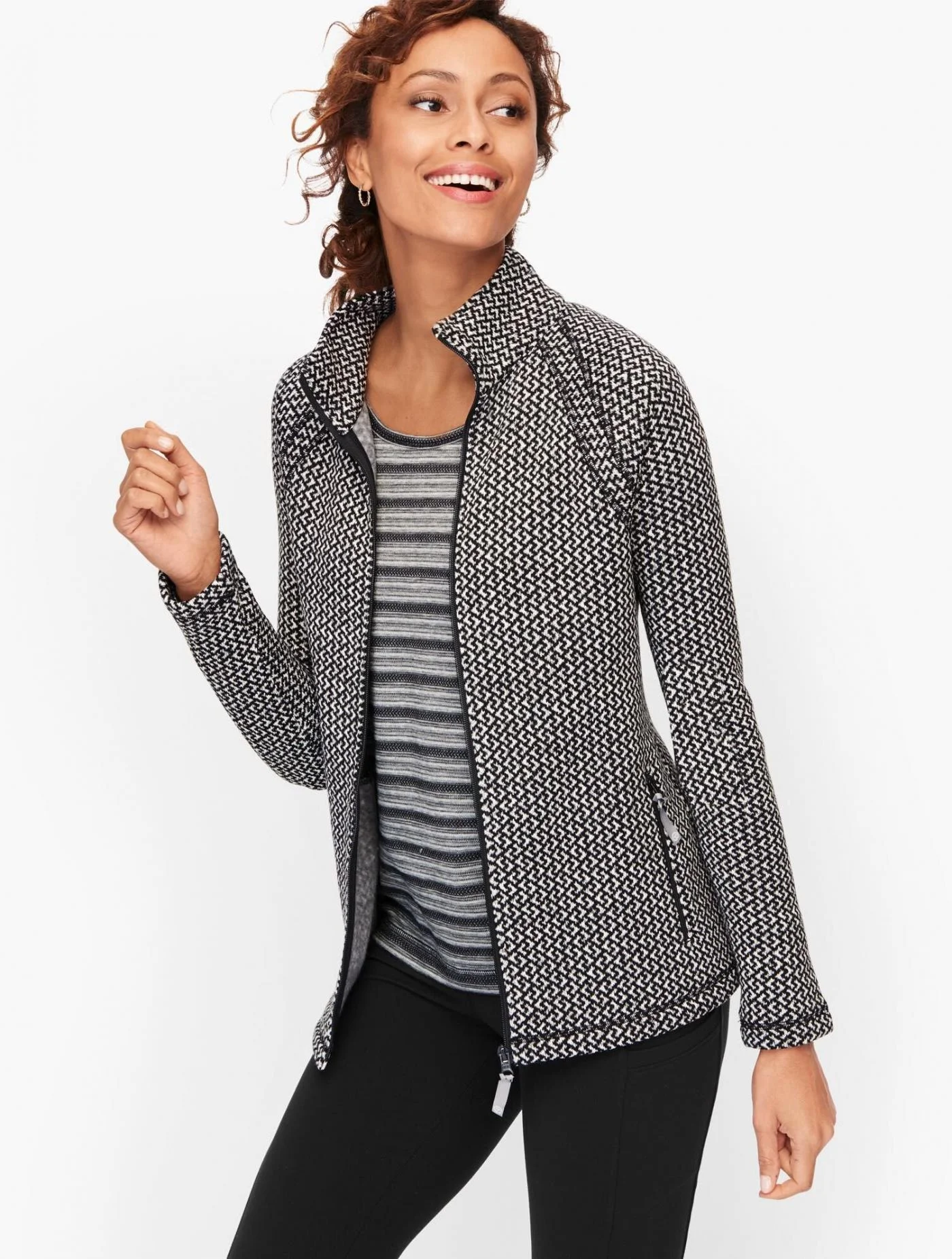 Tees and Knits | Zig Zag Stand Collar Jacket BLACK/WHITE &#8211; Talbots Womens