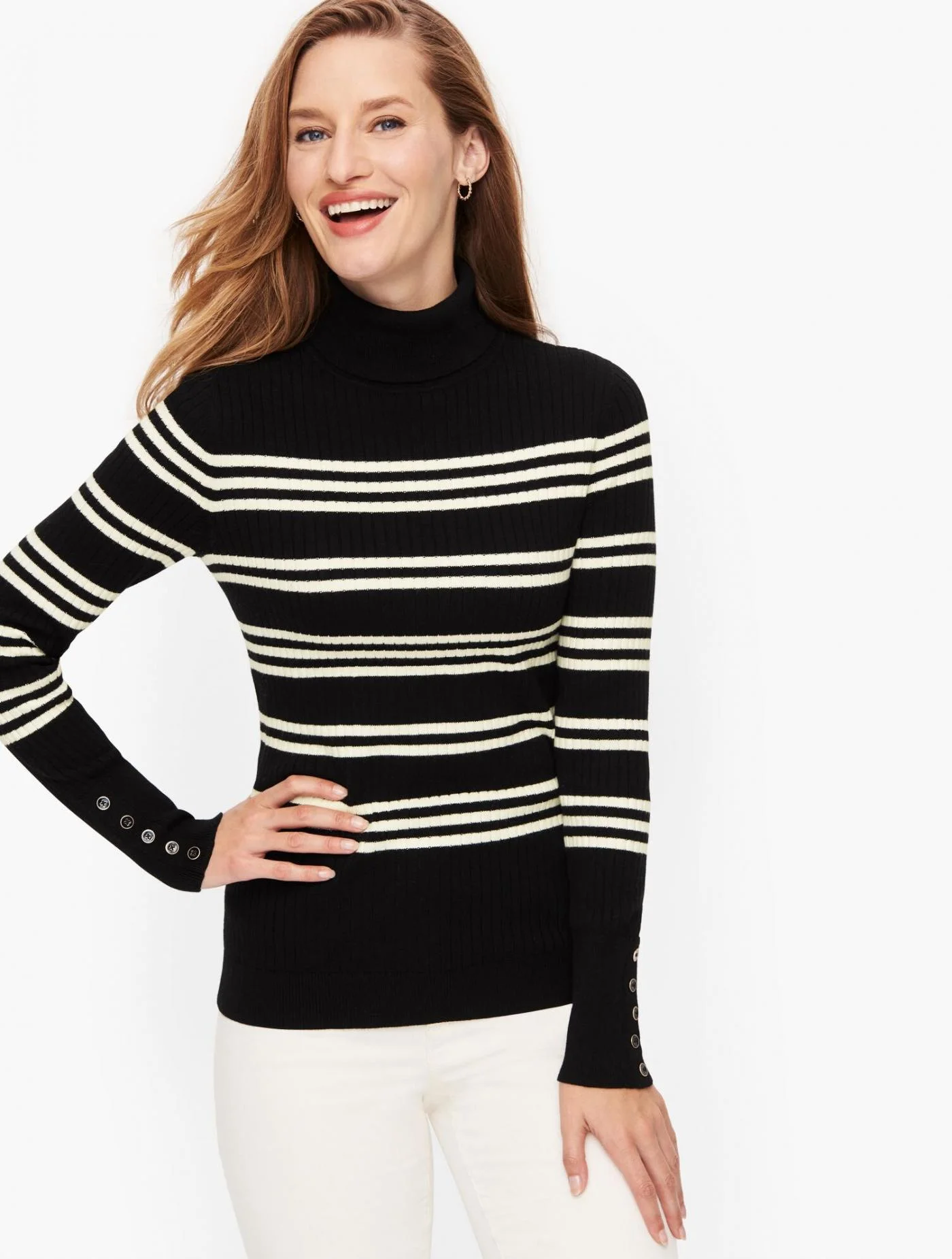 Sweaters | Button Cuff Ribbed Turtleneck Sweater &#8211; Stripe BLACK/IVORY &#8211; Talbots Womens