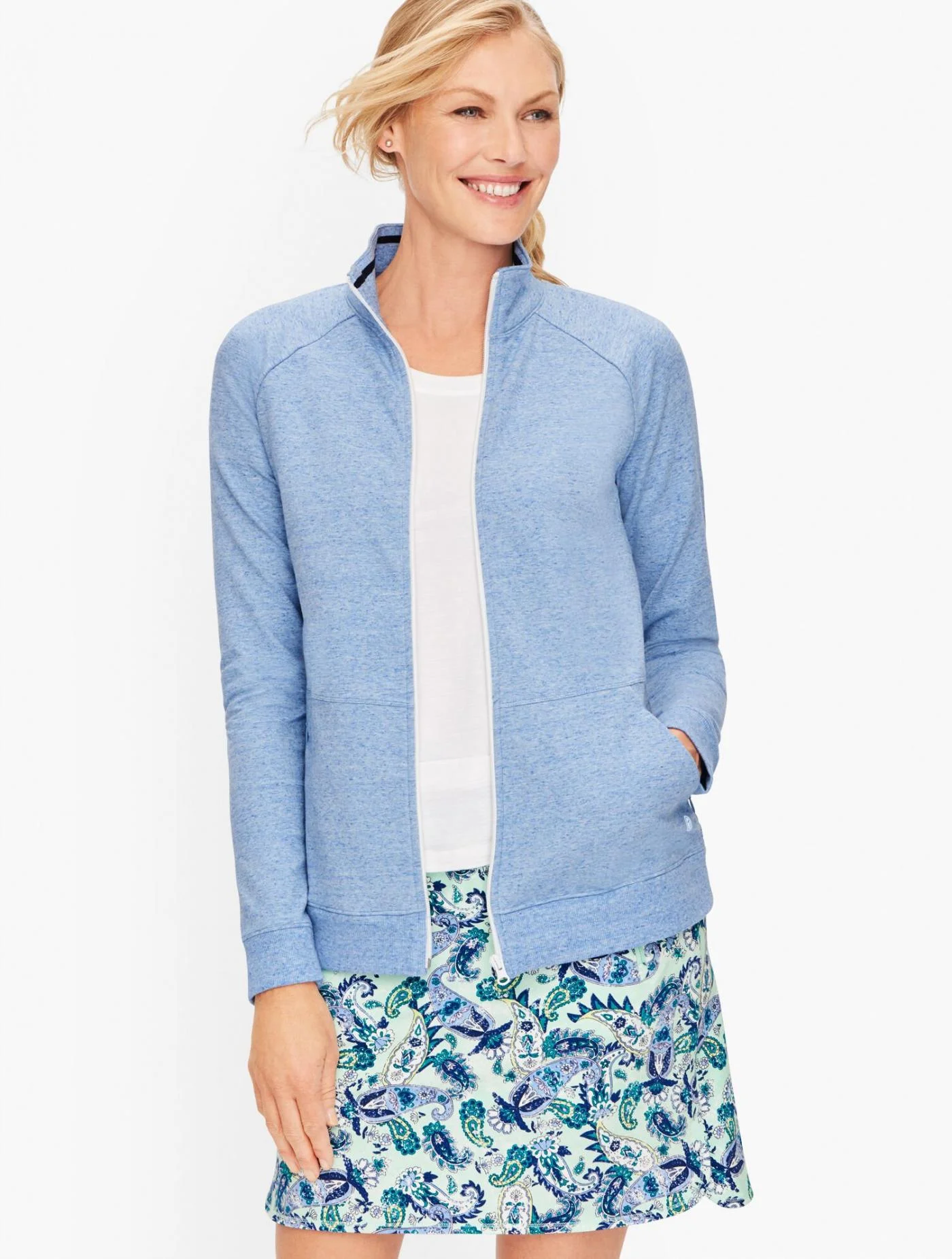 Tees and Knits | Everyday Yoga Jacket &#8211; Solid OCEAN BLUE HEATHER &#8211; Talbots Womens