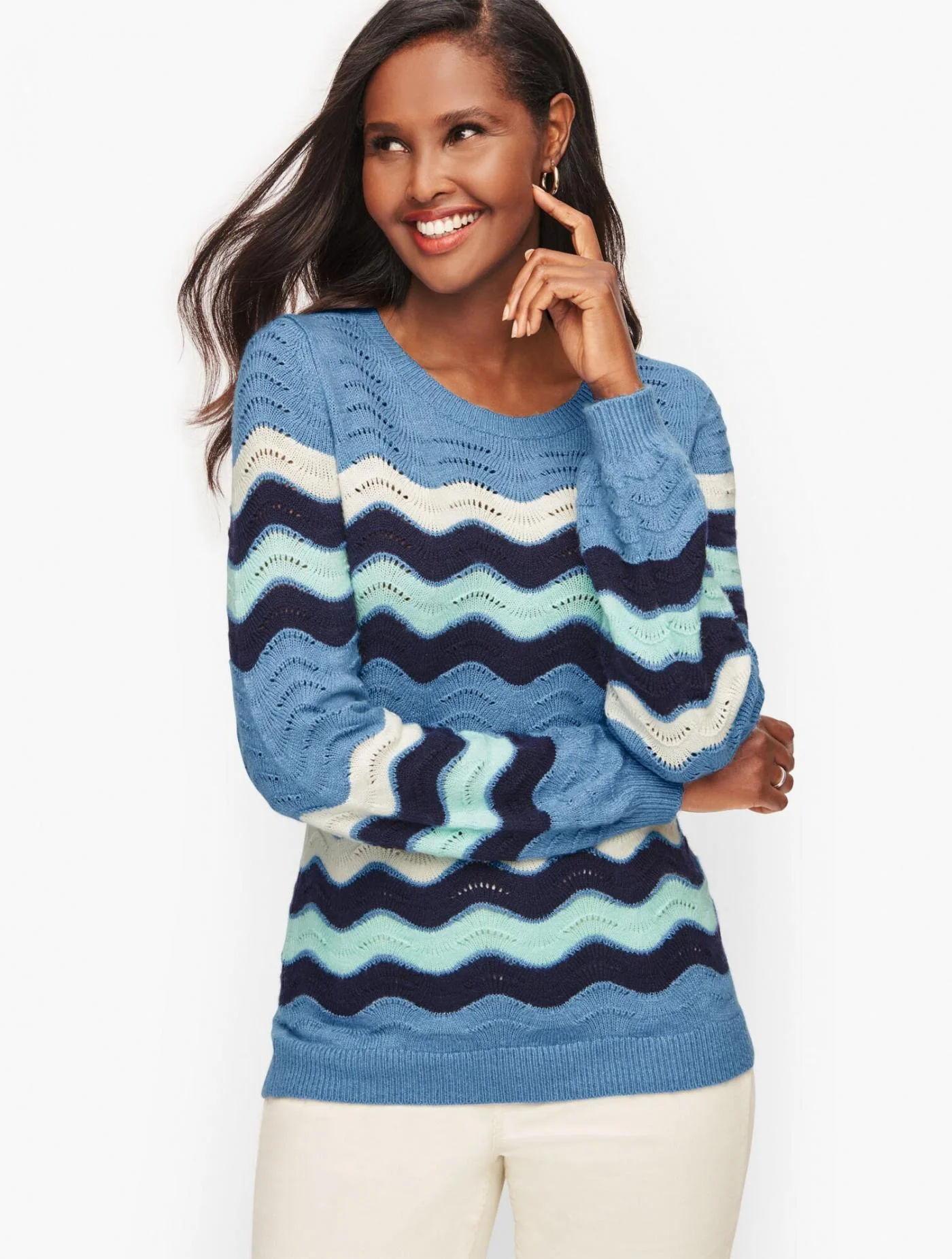 Sweaters | Supersoft Cotton Blend Crewneck Stripe Sweater TRANQUIL BLUE MULTI &#8211; Talbots Womens