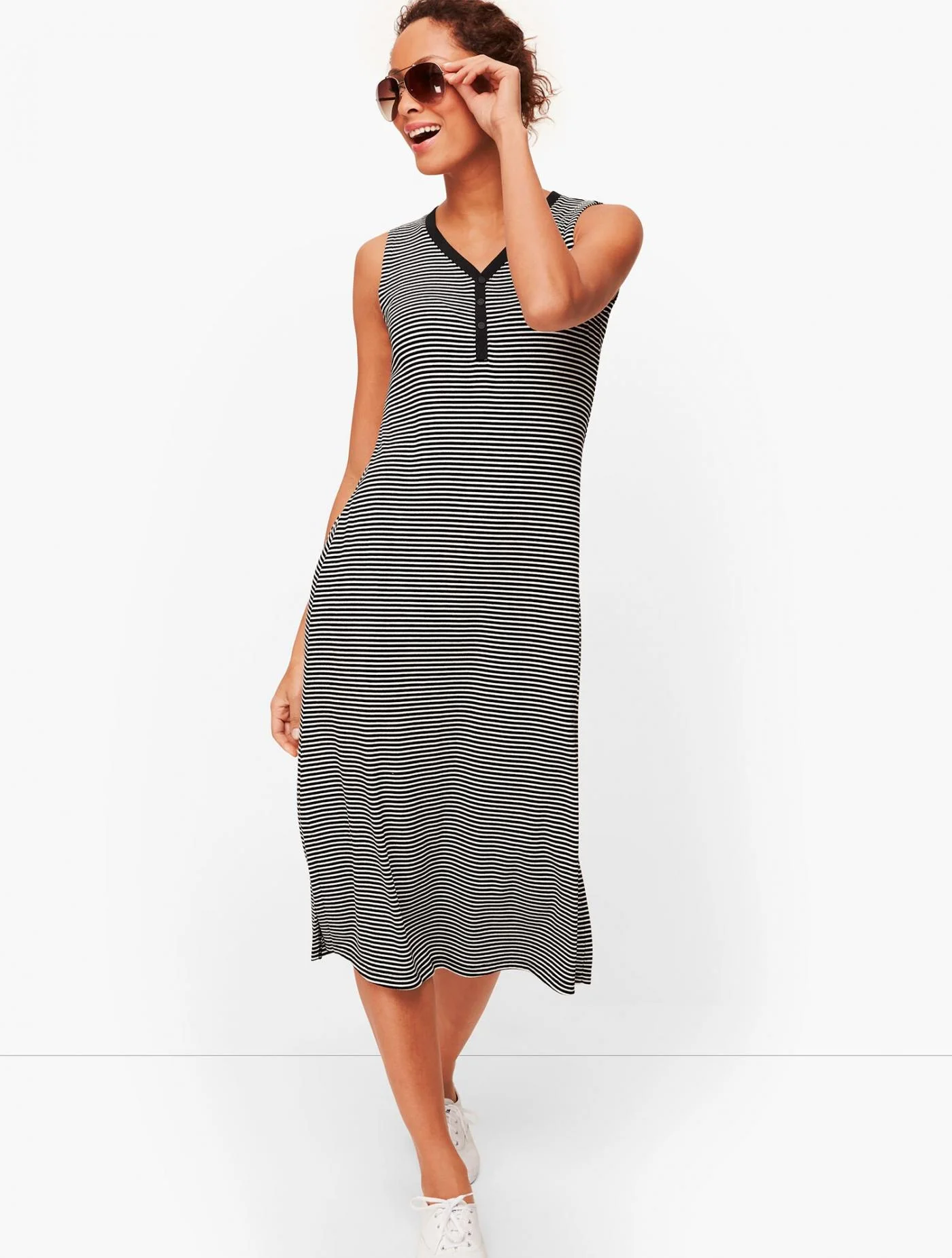 Dresses | Stripe Sleeveless Henley Dress BLACK/WHITE &#8211; Talbots Womens