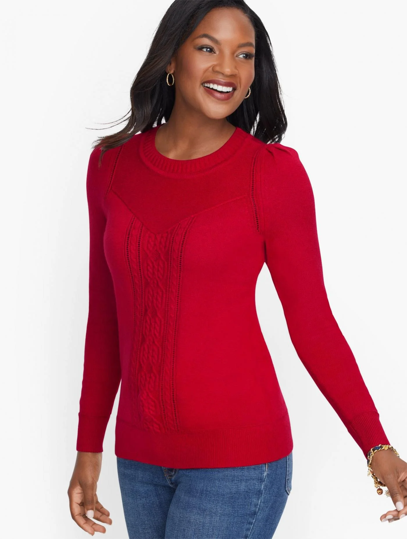 Sweaters | Cableknit Detail Pointelle Sweater RED POP &#8211; Talbots Womens