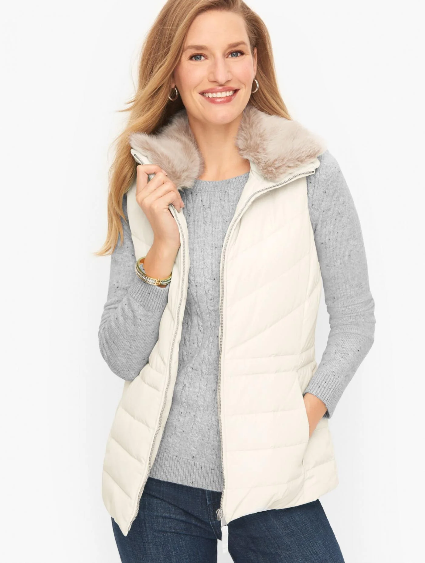 Jackets and Outerwear | Faux Fur Collar Down Puffer Vest &#8211; Solid IVORY &#8211; Talbots Womens