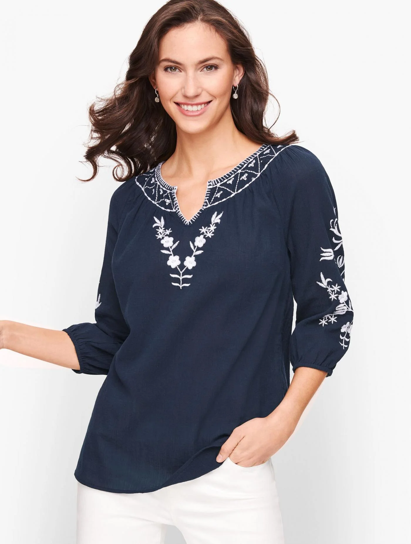 Blouses and Shirts | Flower Embroidered Gauze Top INDIGO BLUE &#8211; Talbots Womens