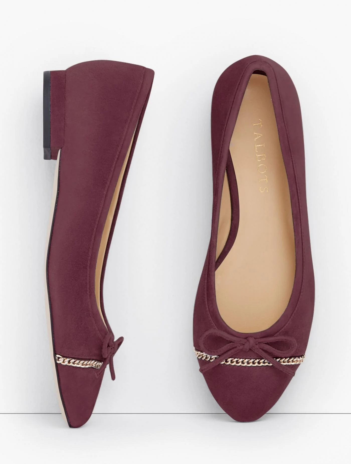 Flats | Olivia Chain Link Cap Toe Flats &#8211; Suede RICH BURGUNDY &#8211; Talbots Womens