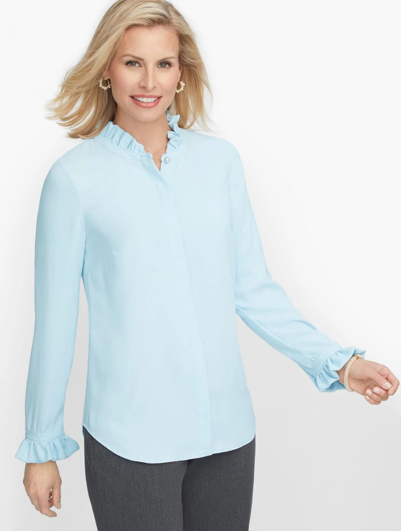 Blouses and Shirts | Ruffle Trim Blouse &#8211; Solid PARISIAN SKY &#8211; Talbots Womens