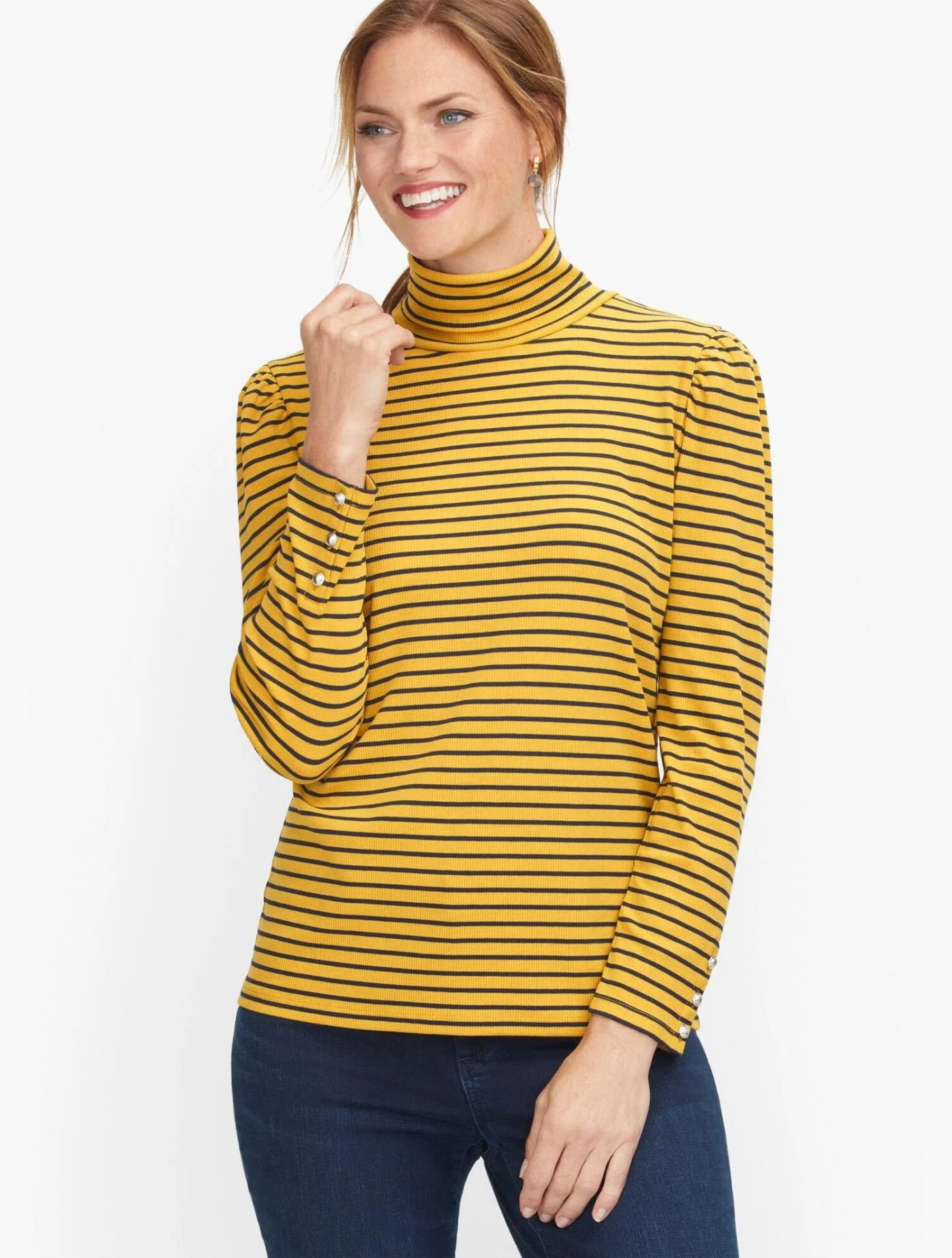 Tees and Knits | Ribbed Stripe Turtleneck HARVEST SUN/INDIGO &#8211; Talbots Womens