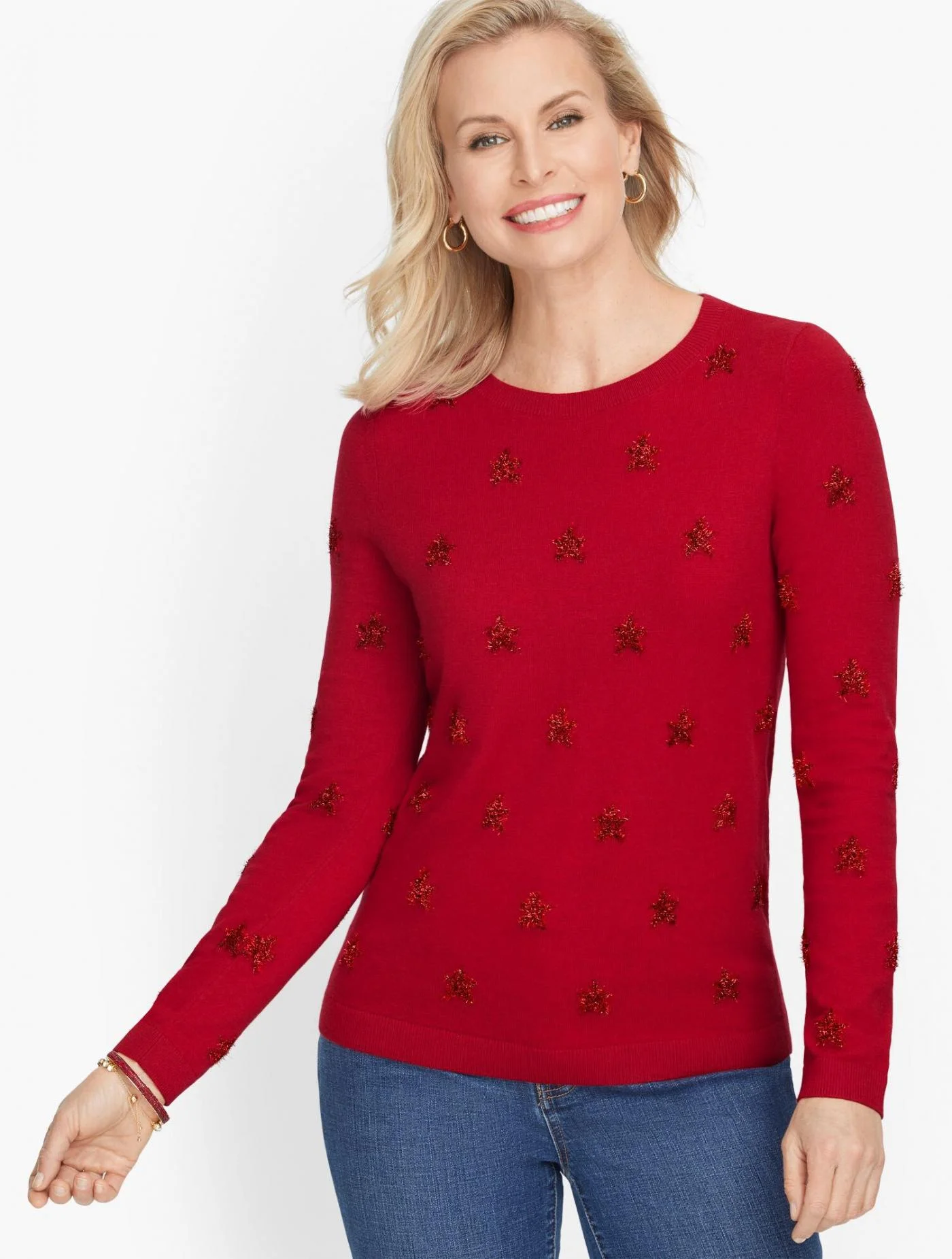 Sweaters | Shimmer Stars Crewneck Sweater CLASSIC RED COMBO-TINSEL &#8211; Talbots Womens