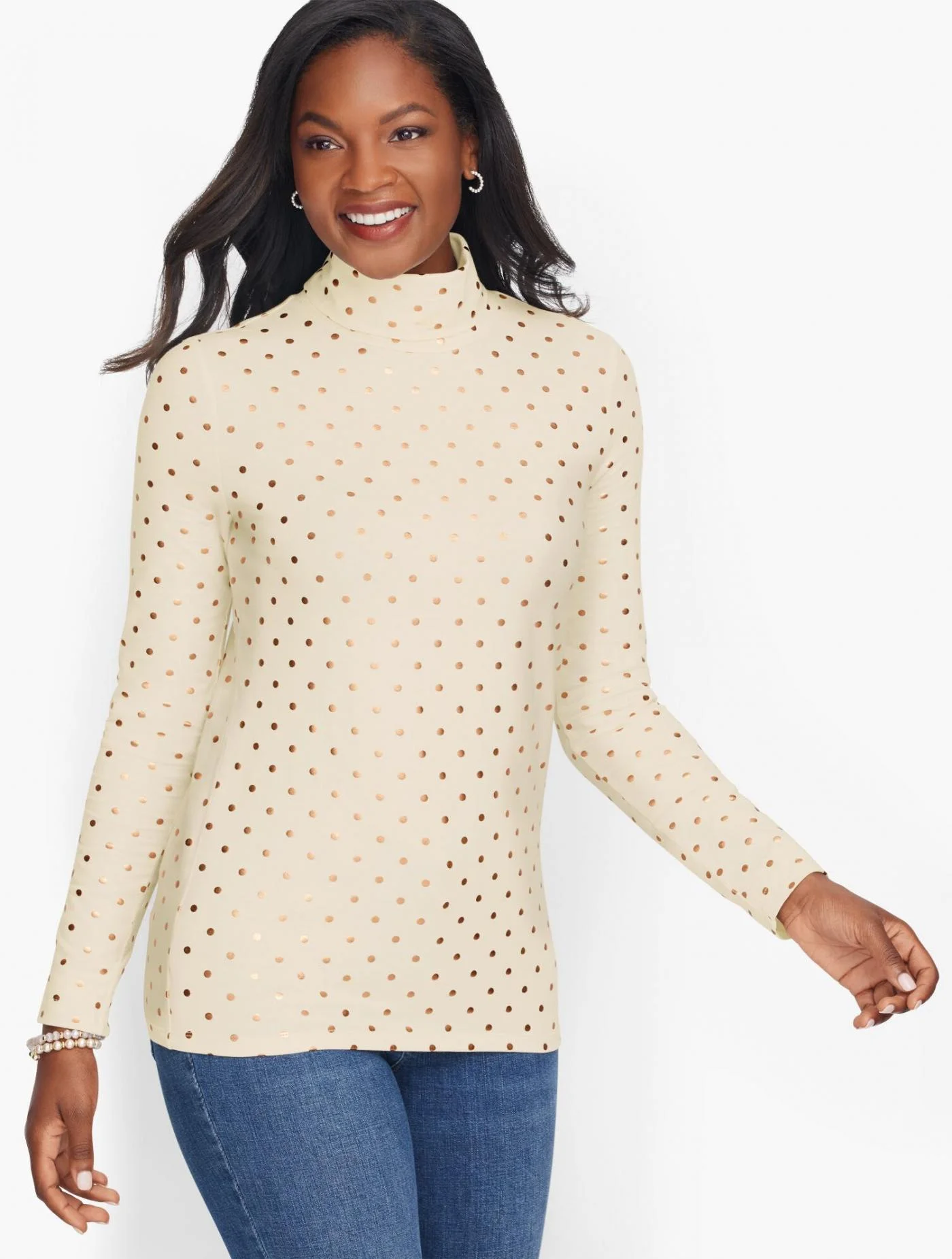 Tees and Knits | Cotton Turtleneck &#8211; Charming Dot IVORY/GOLD &#8211; Talbots Womens