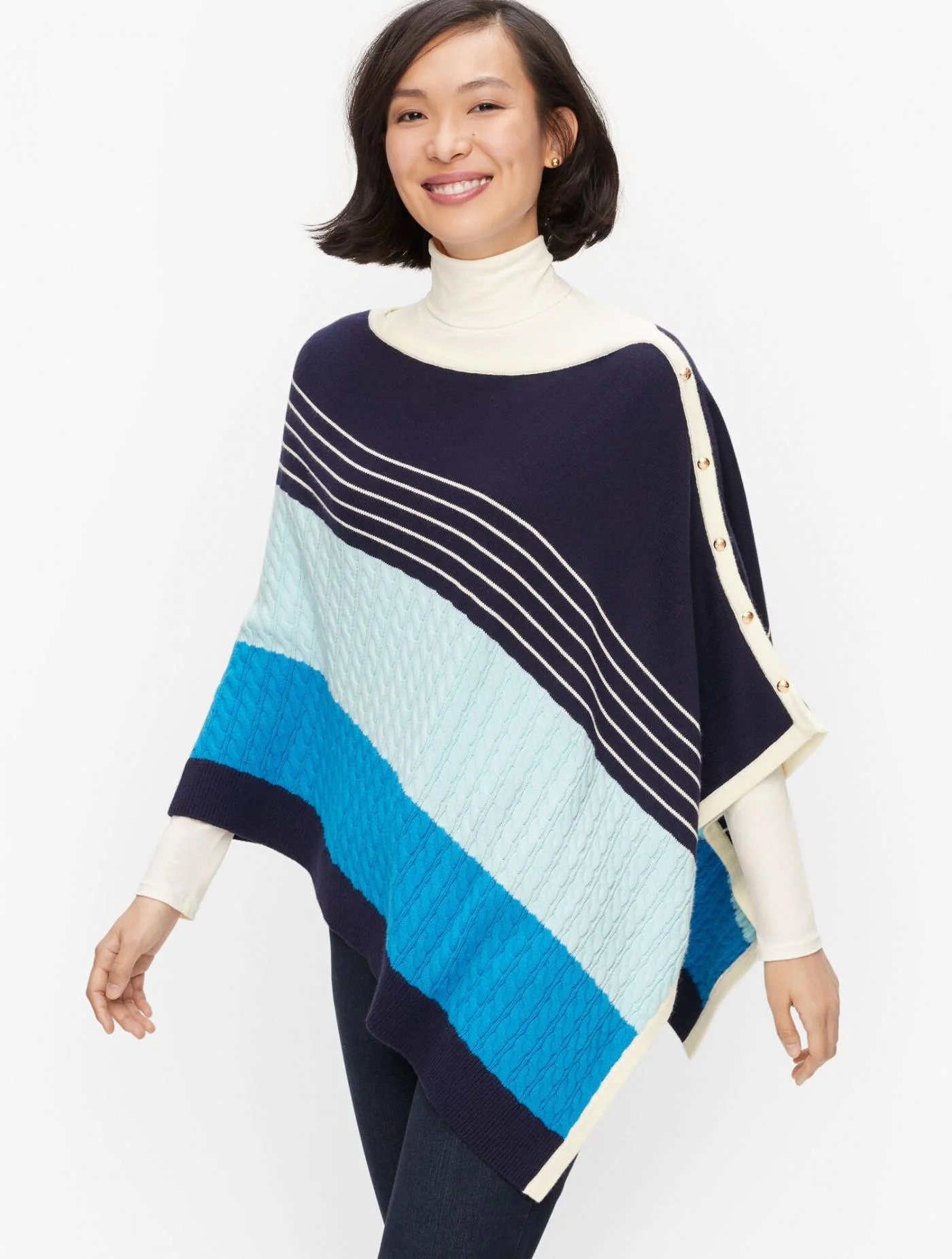 Sweaters | Stripe Cable Poncho INDIGO BLUE MULTI &#8211; Talbots Womens