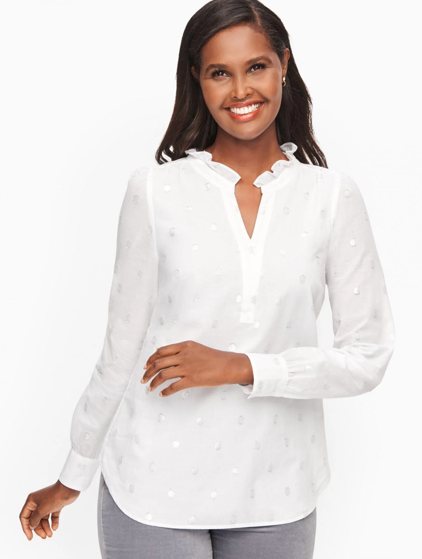 Blouses and Shirts | Jacquard Dot Popover WHITE/LUREX &#8211; Talbots Womens