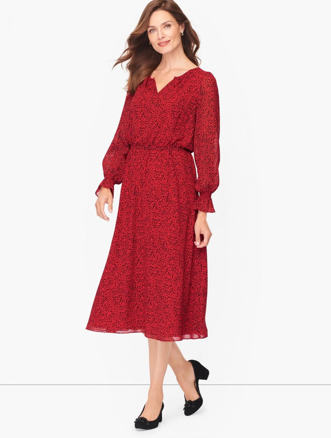 Dresses | Smocked Split Neck Dress RED POP/BLACK &#8211; Talbots Womens