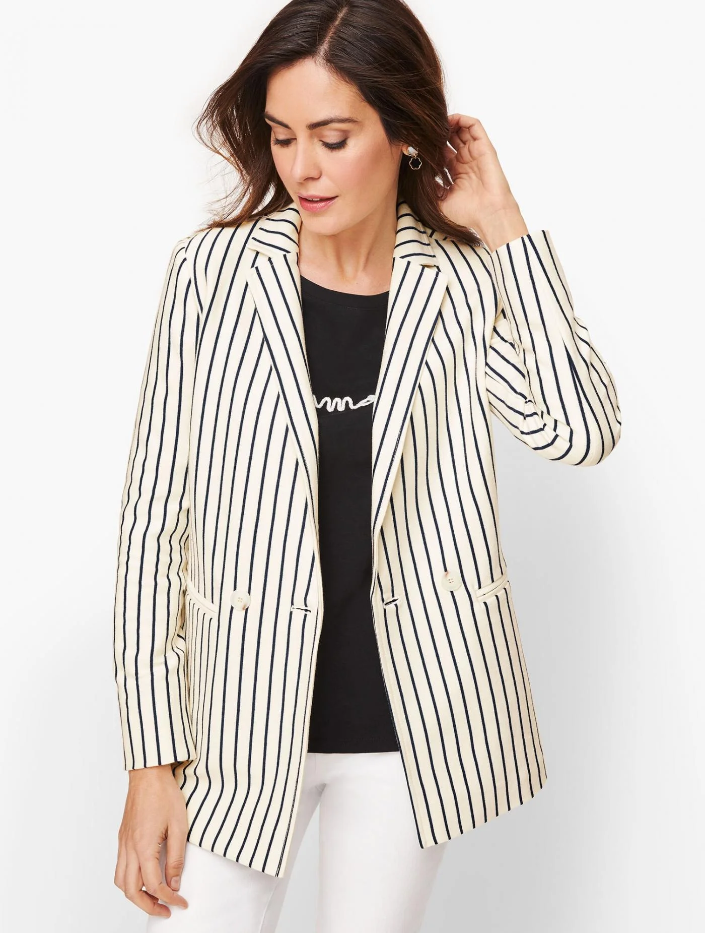 Jackets and Outerwear | Stripe Knit Blazer IVORY/NAVY &#8211; Talbots Womens