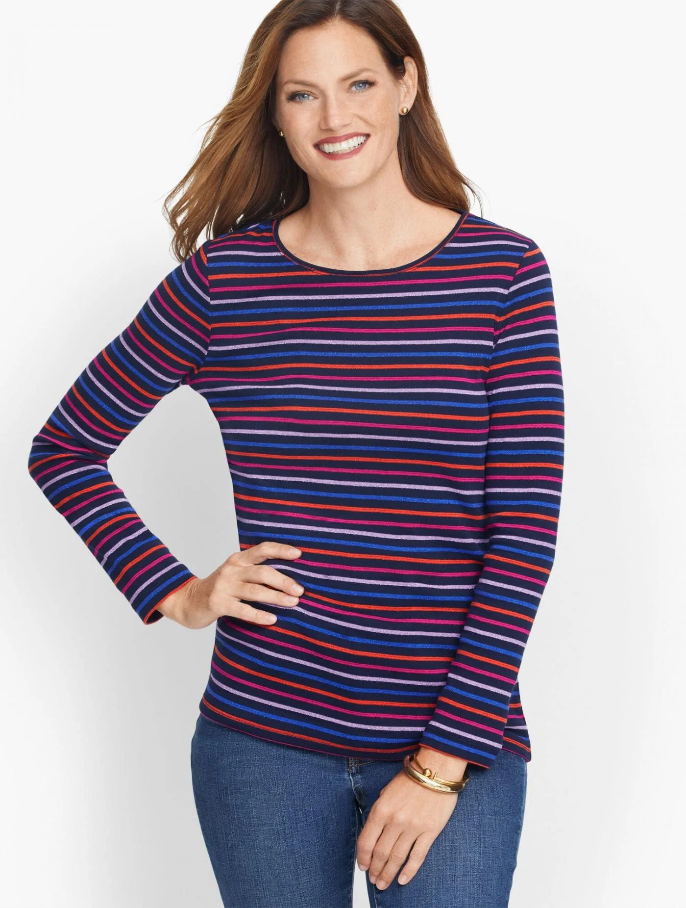 Tees and Knits | Crewneck Tee &#8211; Sparkle Stripe INDIGO MULTI &#8211; Talbots Womens