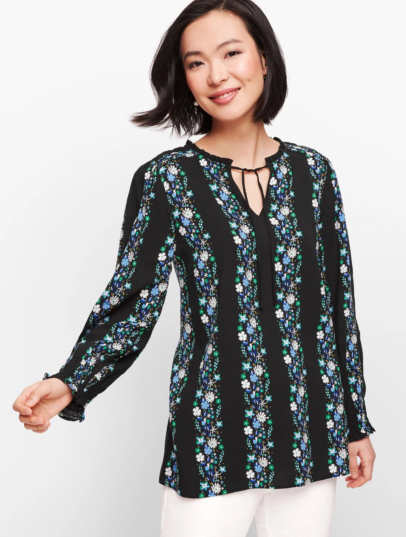 Blouses and Shirts | Tie Neck Smocked Top &#8211; Floral Stripe BLACK MULTI &#8211; Talbots Womens