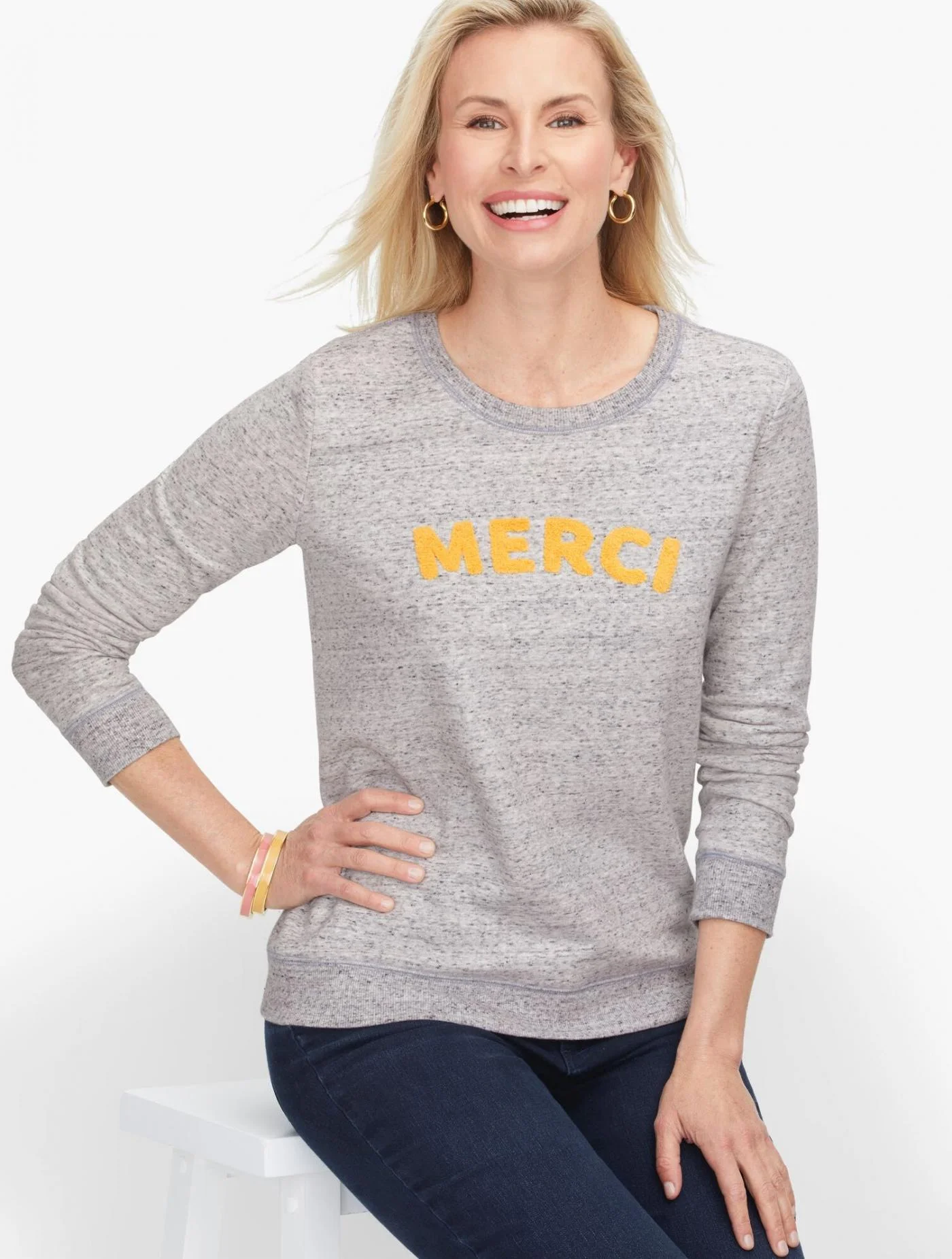 Tees and Knits | Merci&#039; Boucl&eacute; Embroidered Sweatshirt GREY MULTI &#8211; Talbots Womens