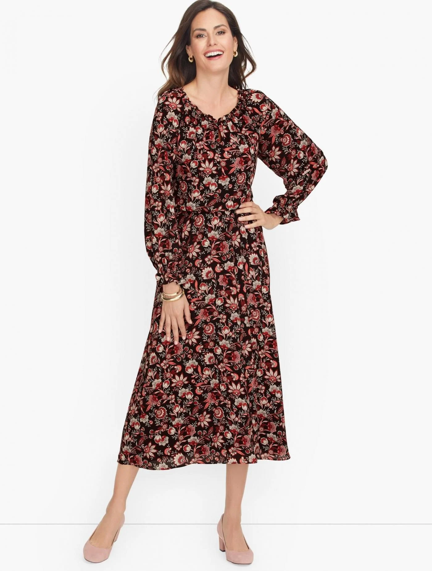 Dresses | Bracelet Sleeve Autumn Garden Midi Dress BLACK MULTI &#8211; Talbots Womens