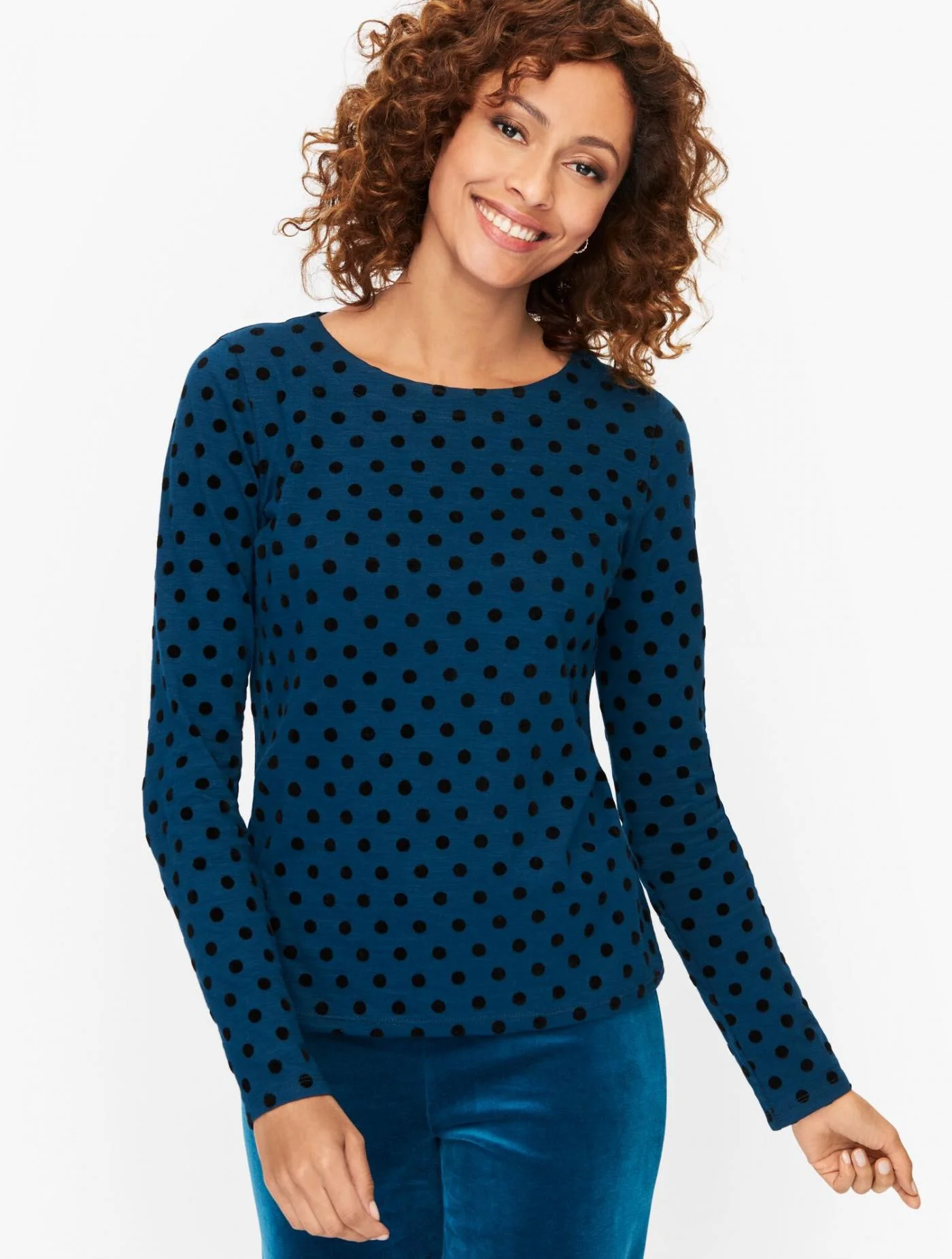 Tees and Knits | Luxe Velour Long Sleeve Dot Tee EMPRESS BLUE/BLACK &#8211; Talbots Womens