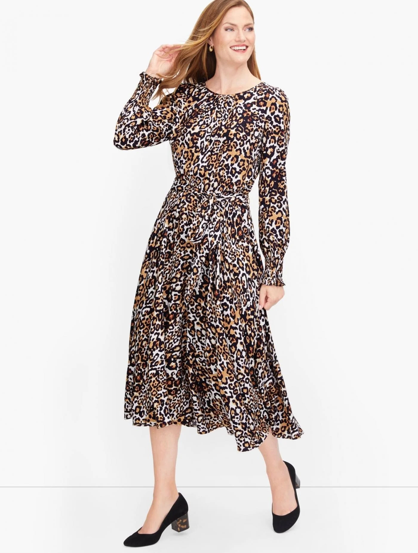 Dresses | Tie Waist Leopard Midi Dress BROWN MULTI &#8211; Talbots Womens