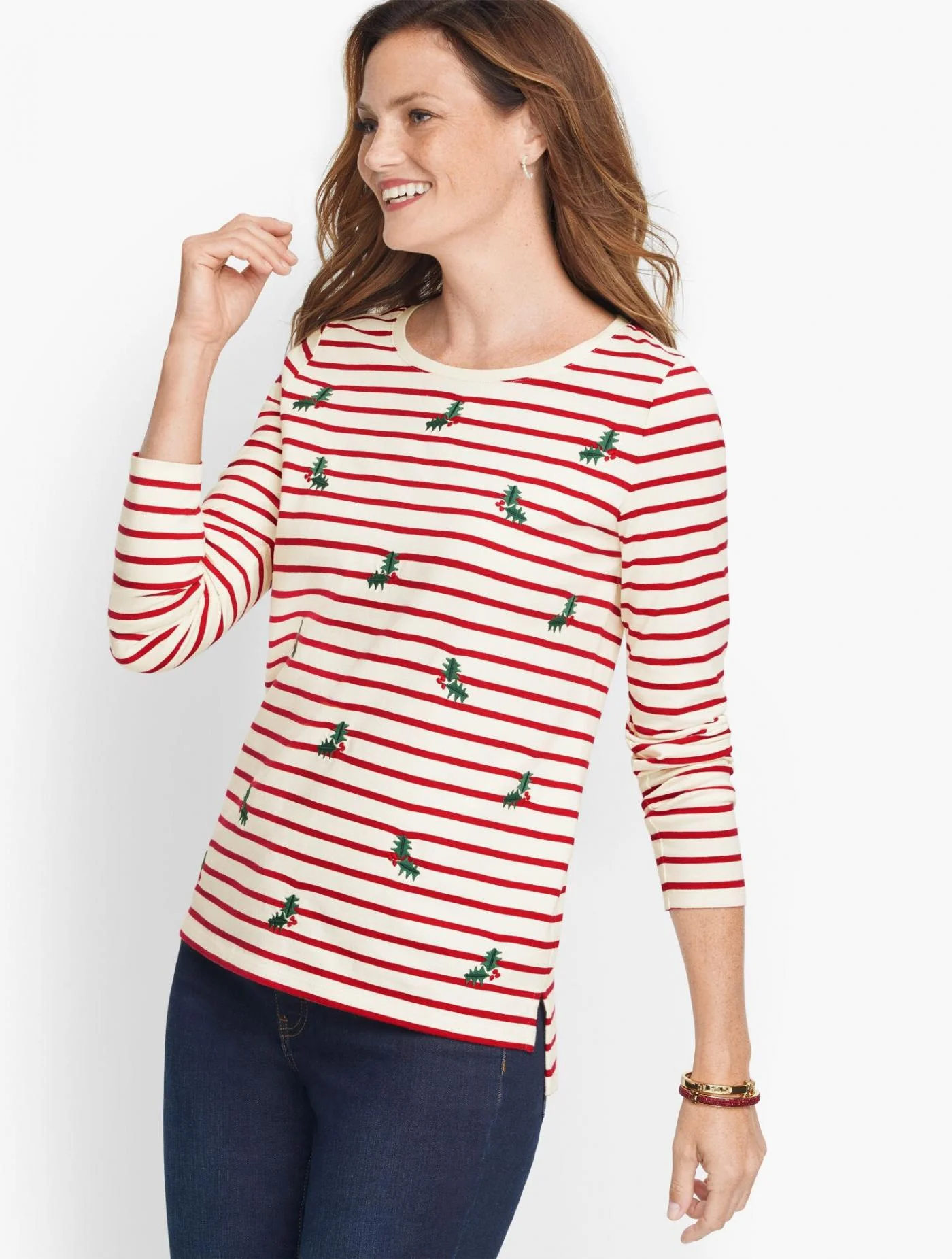 Tees and Knits | Embroidered Holly Stripe Tee IVORY MULTI &#8211; Talbots Womens