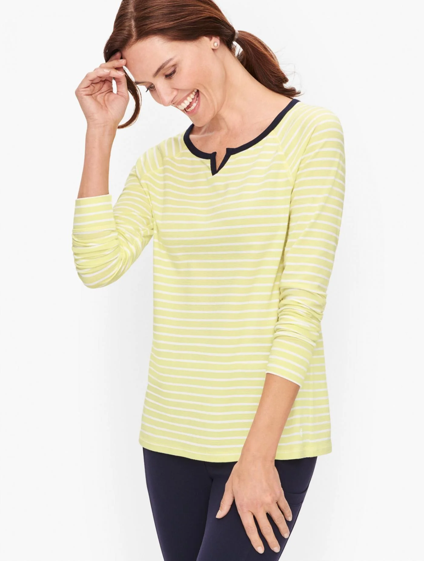 Tees and Knits | Split Neck Jersey Tee &#8211; Tipped Stripe CITRUS HONEY &#8211; Talbots Womens