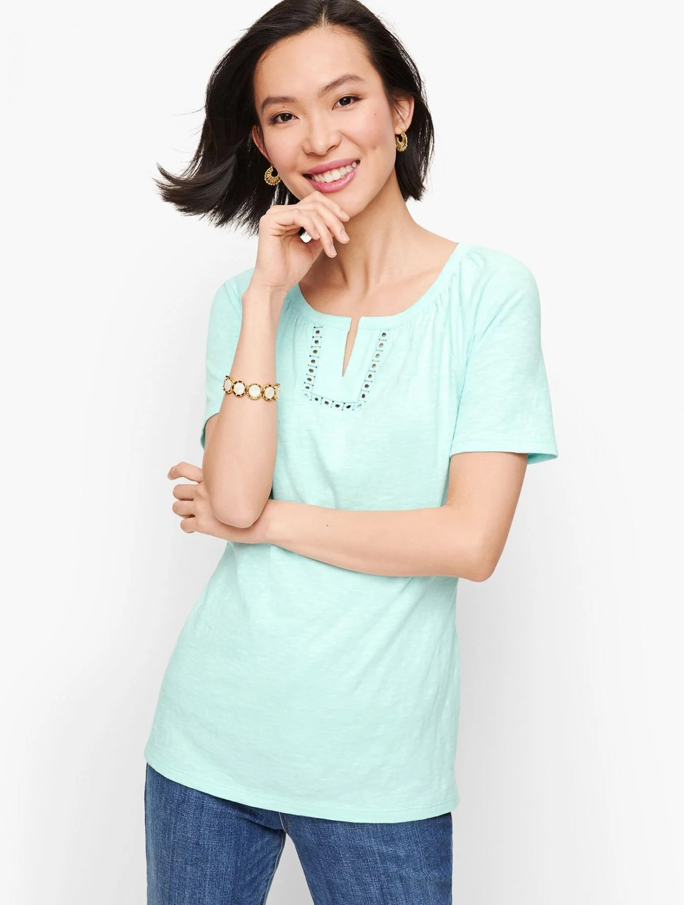 Tees and Knits | Lace Trim Split Neck Tee SEA OPAL &#8211; Talbots Womens