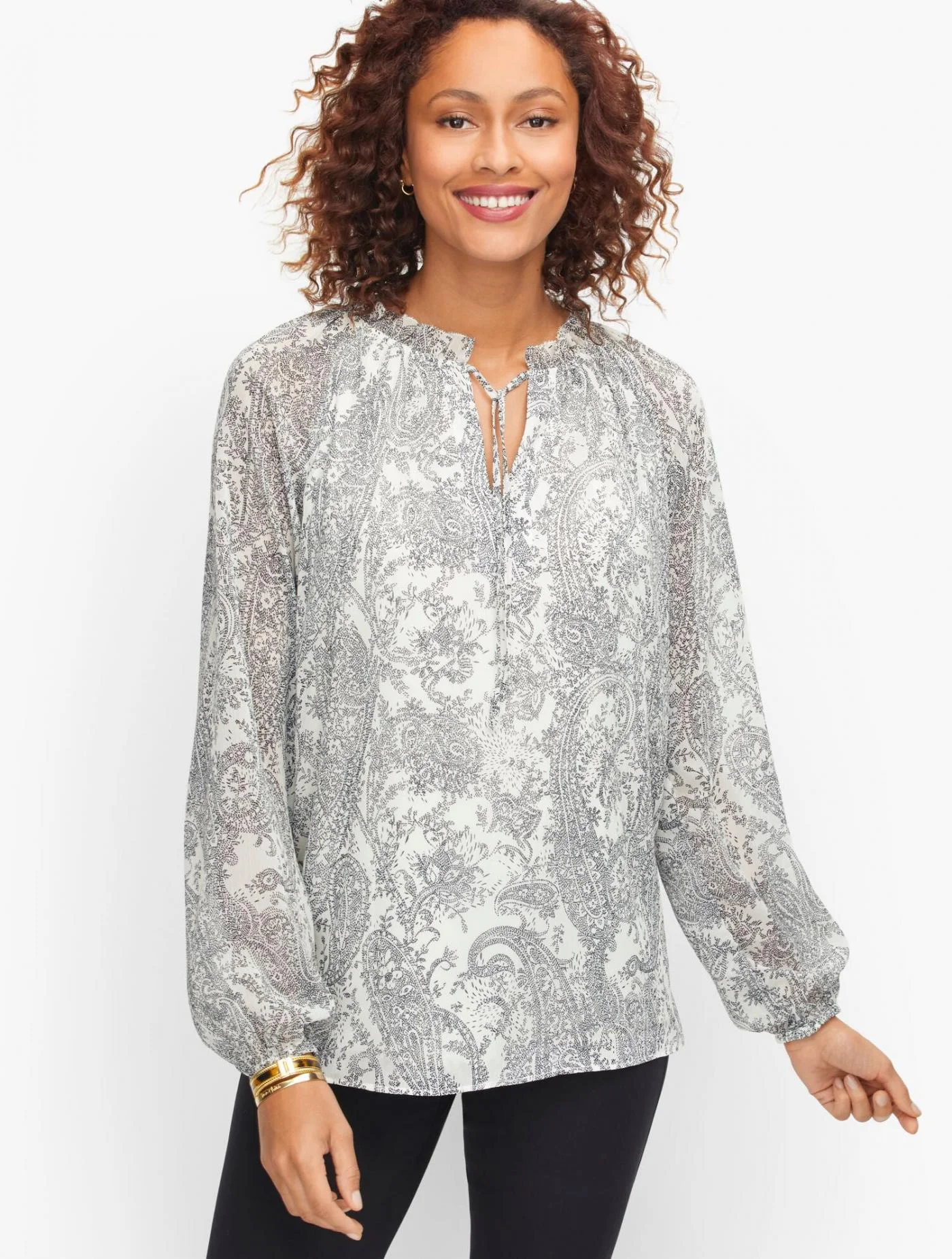 Blouses and Shirts | Shirred Tie Neck Top &#8211; Paisley IVORY MULTI &#8211; Talbots Womens