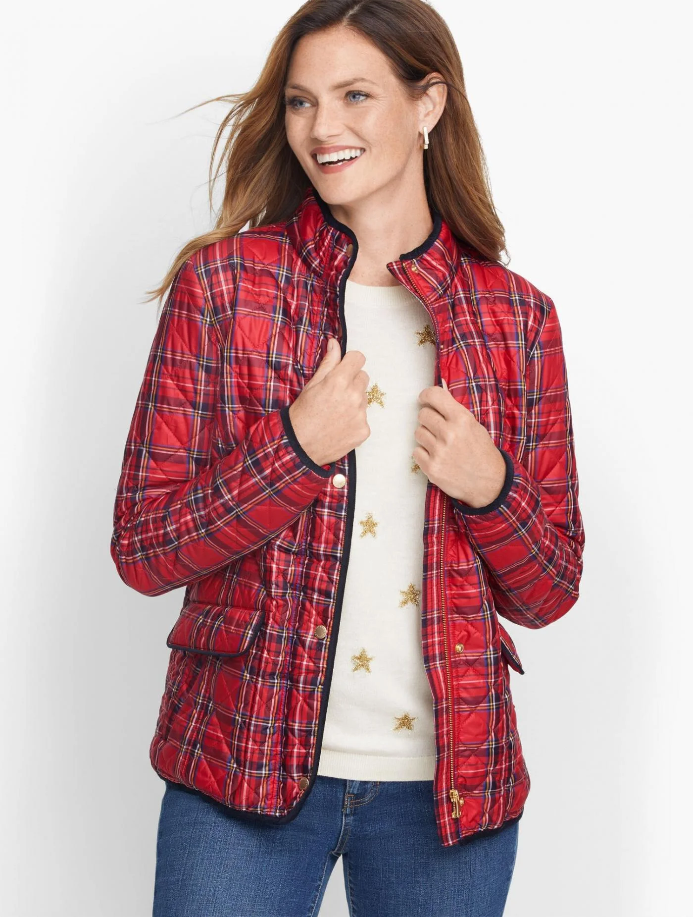 Jackets and Outerwear | Quilted Plaid Jacket RED POP MULTI &#8211; Talbots Womens