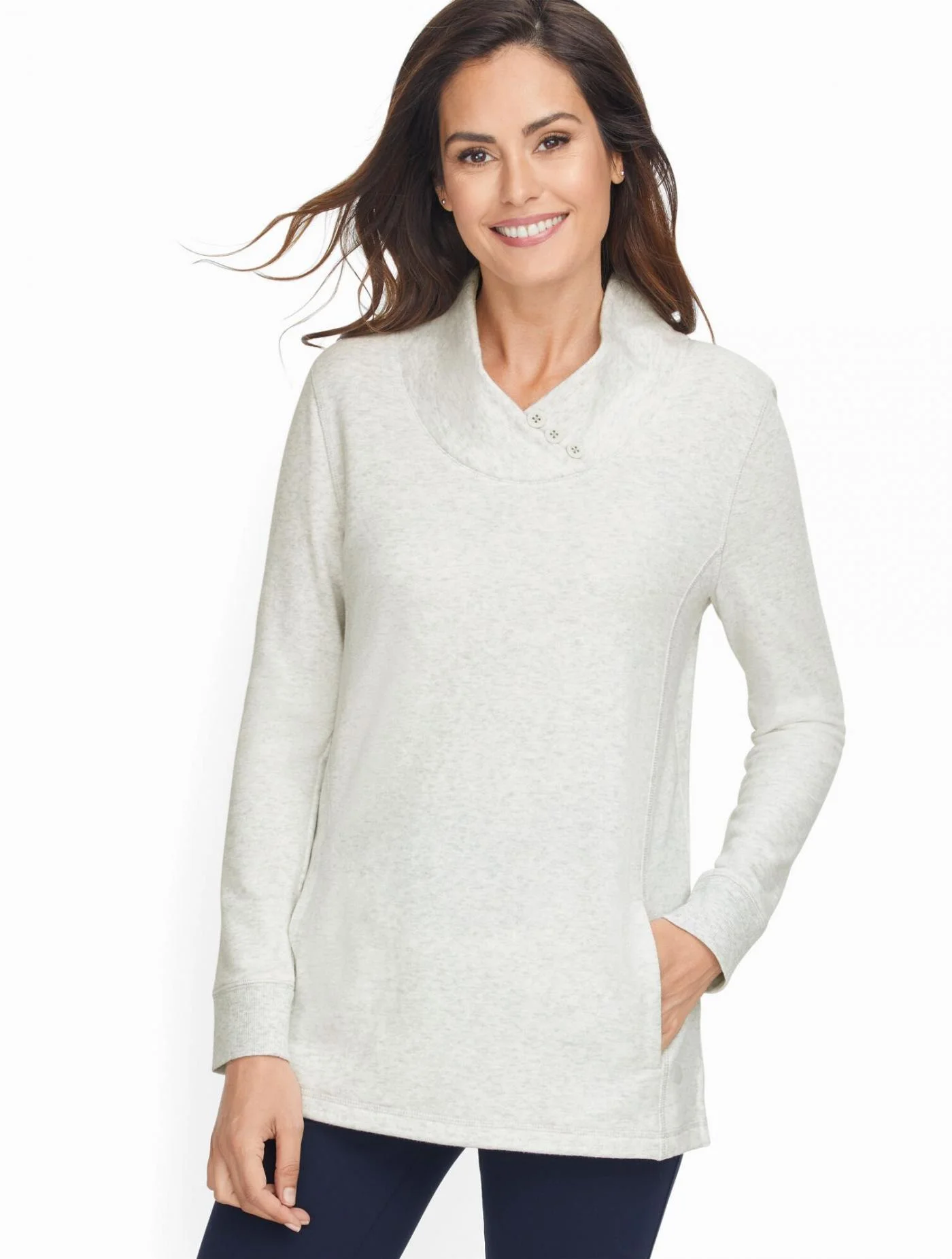 Tees and Knits | Heathered Fleece Mockneck Pullover SOFT MIST HEATHER &#8211; Talbots Womens