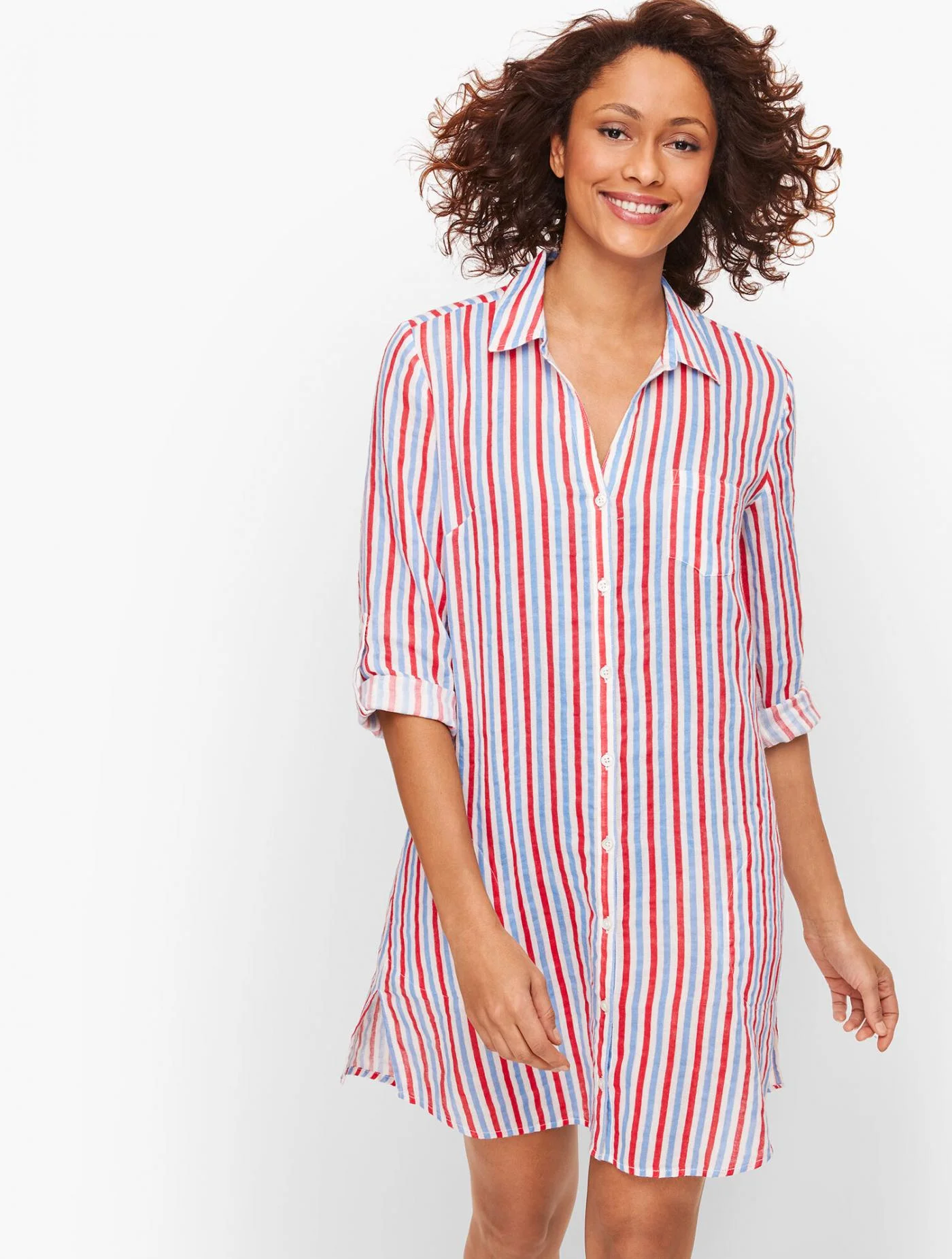 Swimwear | Crinkle Cotton Beach Shirt &#8211; Stripe PATIO RED MULTI &#8211; Talbots Womens