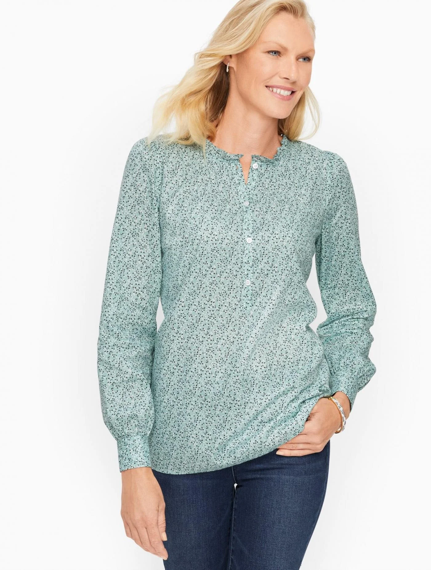 Blouses and Shirts | Pintuck Floral Popover SEAGLASS BLUE MULTI &#8211; Talbots Womens