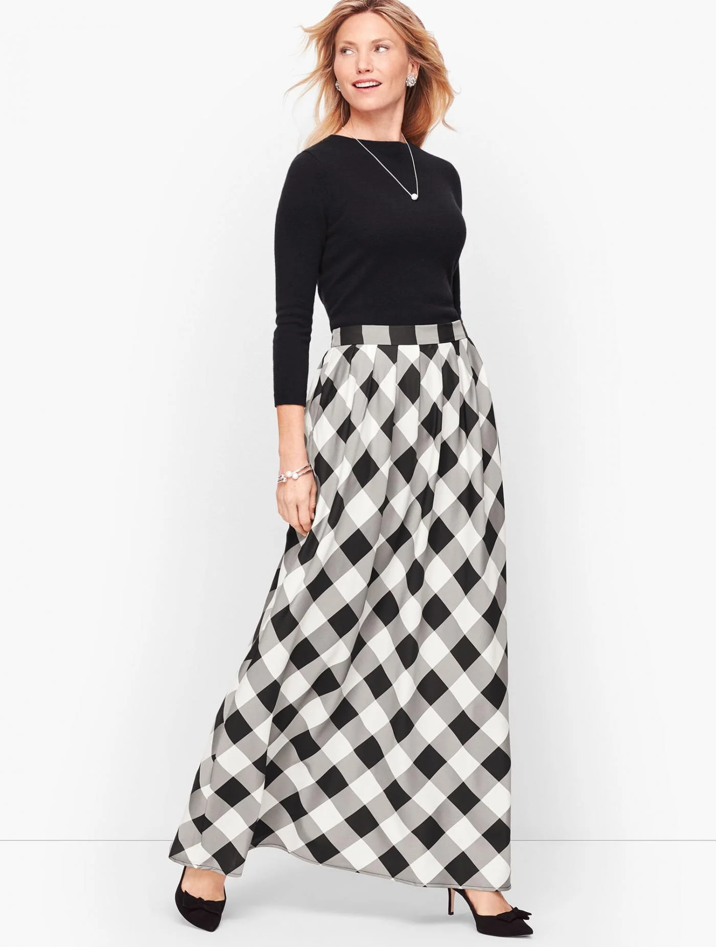 Skirts | Buffalo Check Pleated Maxi Skirt BLACK/IVORY &#8211; Talbots Womens