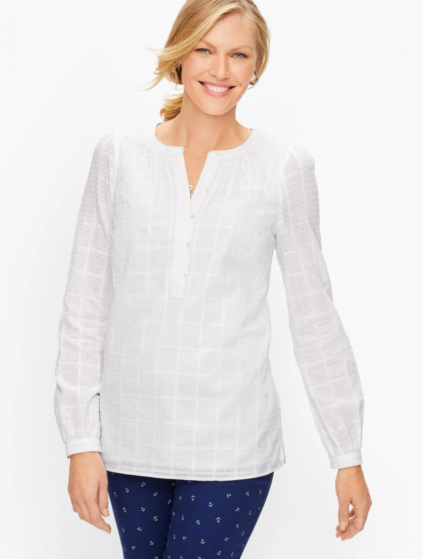 Blouses and Shirts | Cotton Clip Dot Popover TALBOTS WHITE &#8211; Talbots Womens