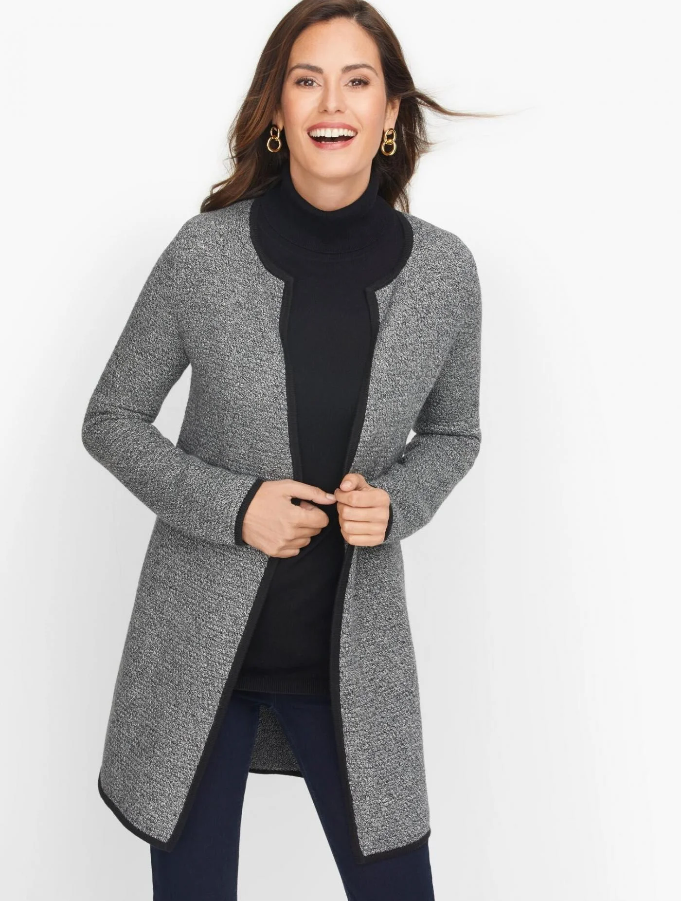 Sweaters | Textured Open Front Sweater Jacket &#8211; Marled BLACK/IVORY &#8211; Talbots Womens