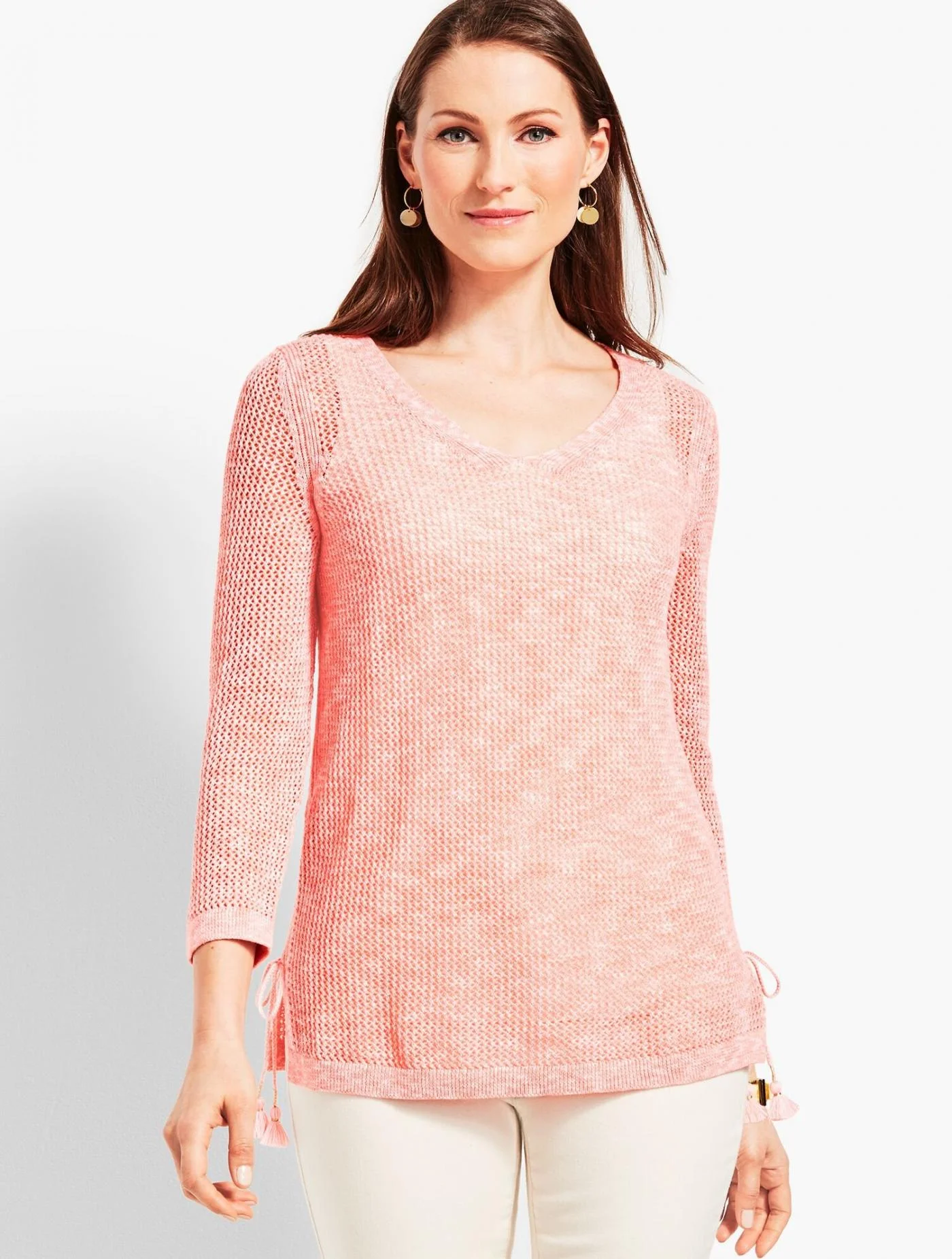 Sweaters | Space-Dye Mesh Side-Tie Sweater CORAL REEF/WHITE &#8211; Talbots Womens