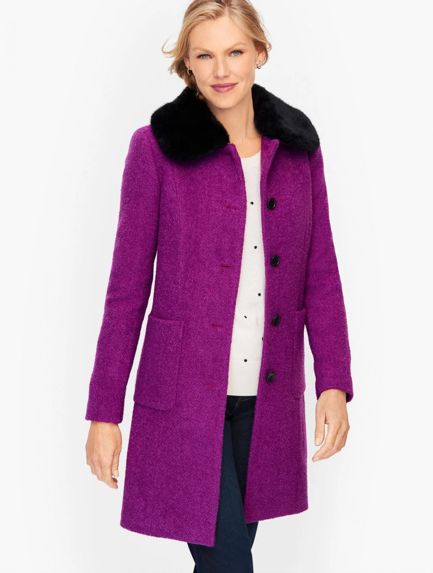 Jackets and Outerwear | Faux Fur Collar Boucl&eacute; Coat SPARKLING GRAPE &#8211; Talbots Womens