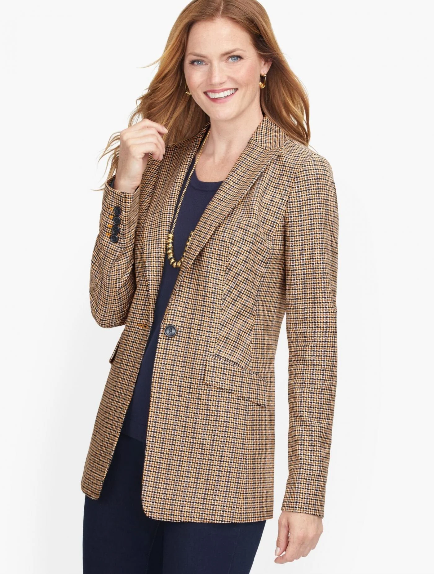 Jackets and Outerwear | Classic Houndstooth Blazer GOLDEN APRICOT MULTI &#8211; Talbots Womens