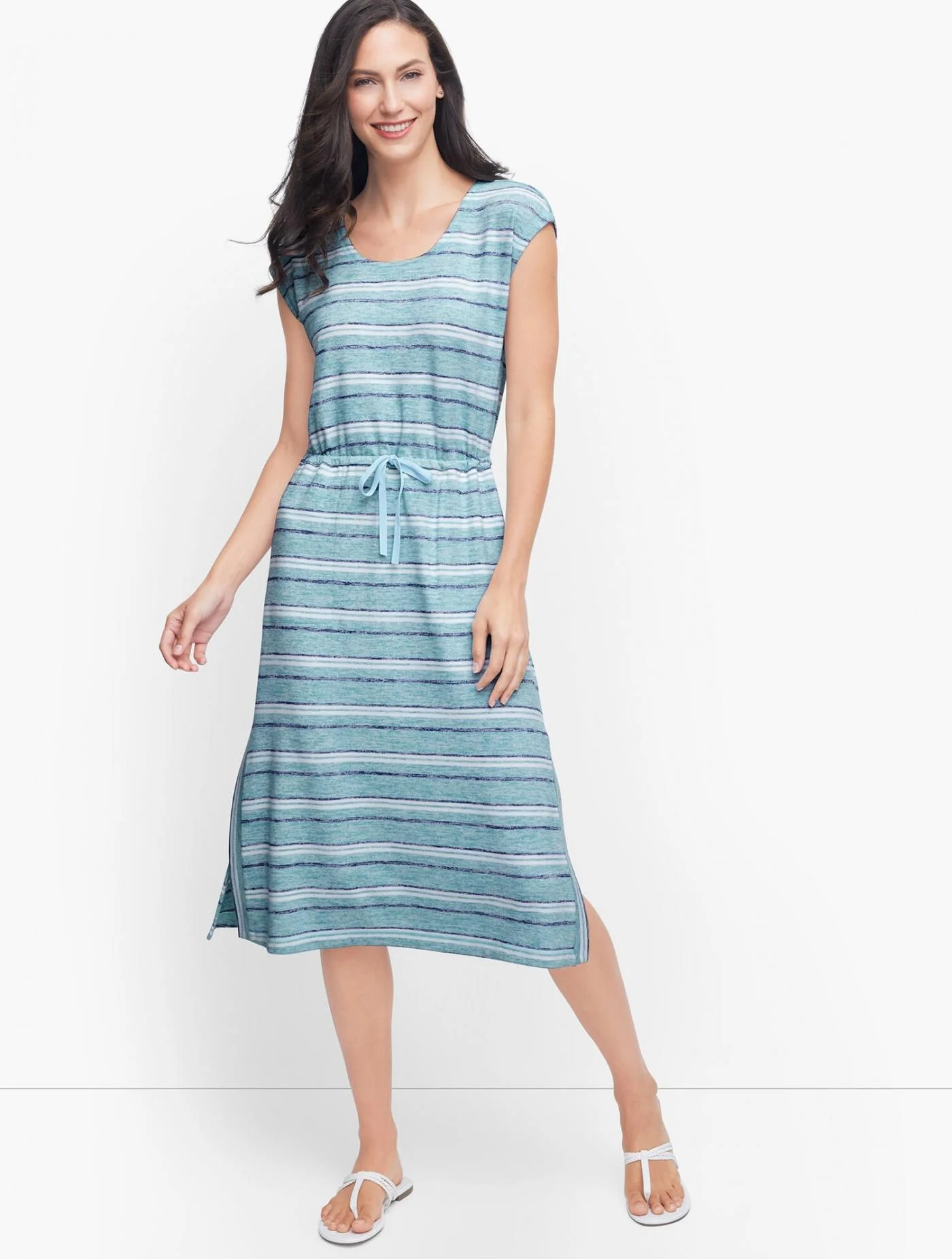 Dresses | Drawstring Tie Waist Midi Dress SALT BLUE MULTI &#8211; Talbots Womens