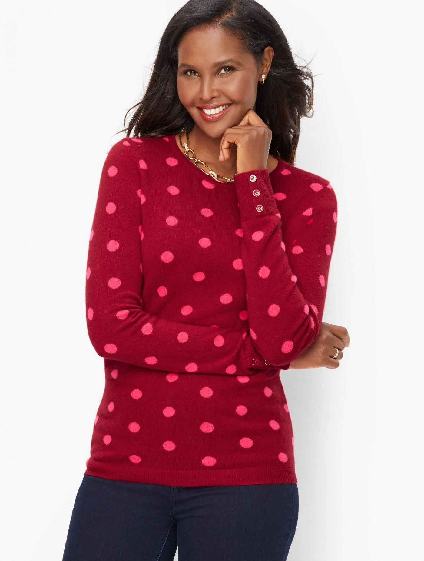 Sweaters | Cashmere Button Cuff Crewneck Sweater &#8211; Dot RED POP/AZALEA &#8211; Talbots Womens