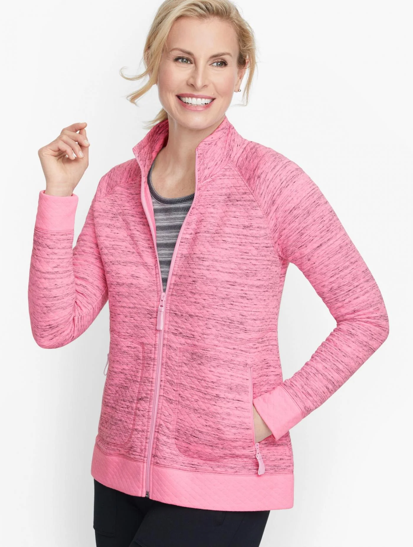 Tees and Knits | Diamond Quilted Jacket POP PINK HEATHER &#8211; Talbots Womens