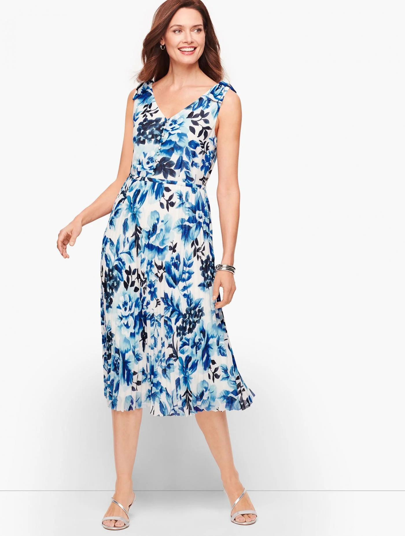 Dresses | Watercolor Blooms Pleated Fit &amp; Flare Dress IVORY/BLUE &#8211; Talbots Womens