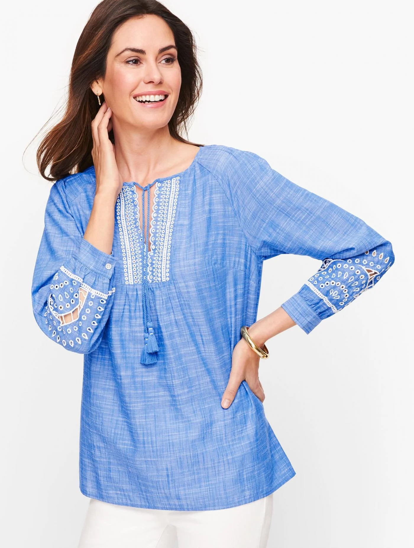 Blouses and Shirts | Embroidered Tassel Tie Top BLUE/WHITE &#8211; Talbots Womens