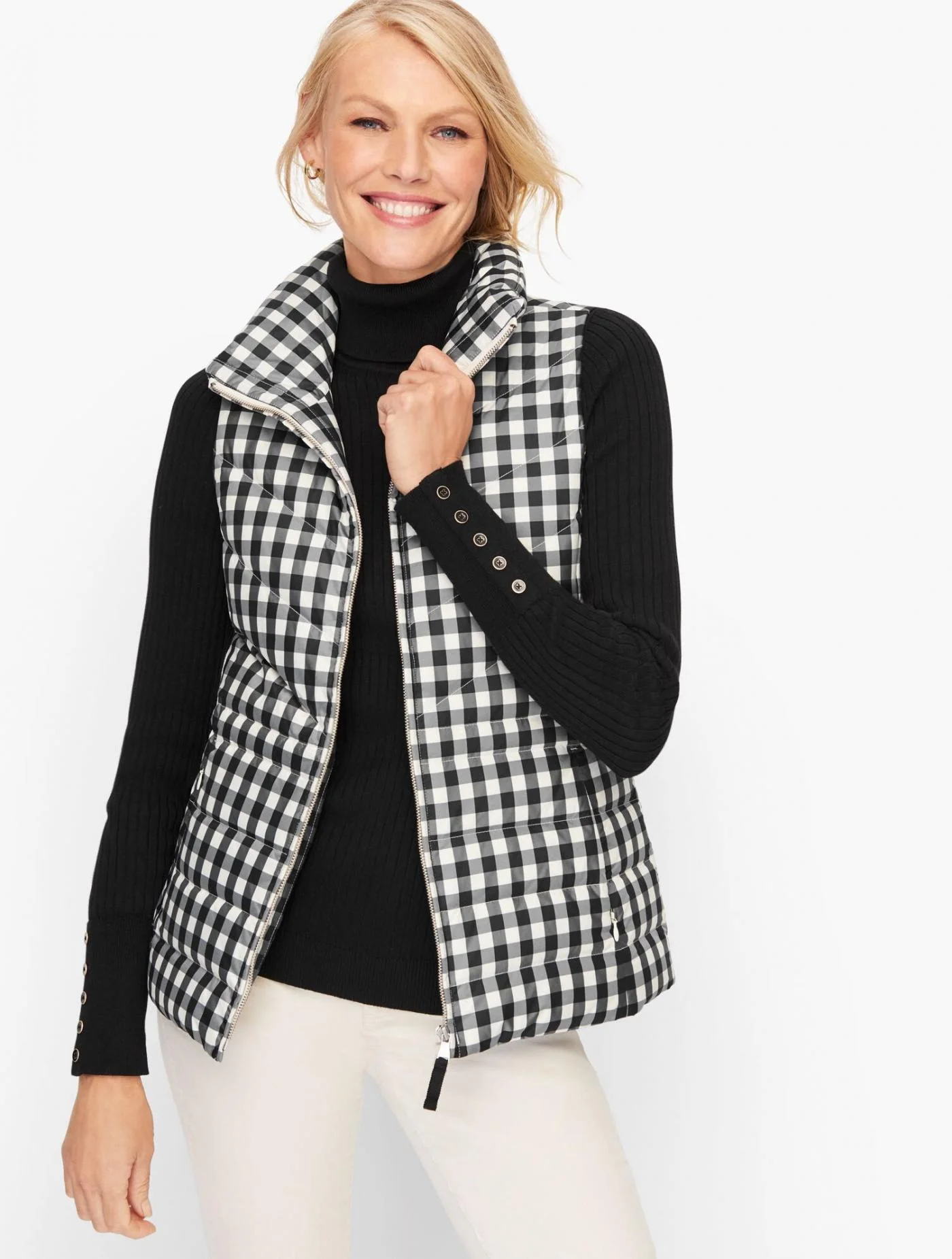 Jackets and Outerwear | Down Puffer Vest &#8211; Buffalo Check IVORY/BLACK &#8211; Talbots Womens