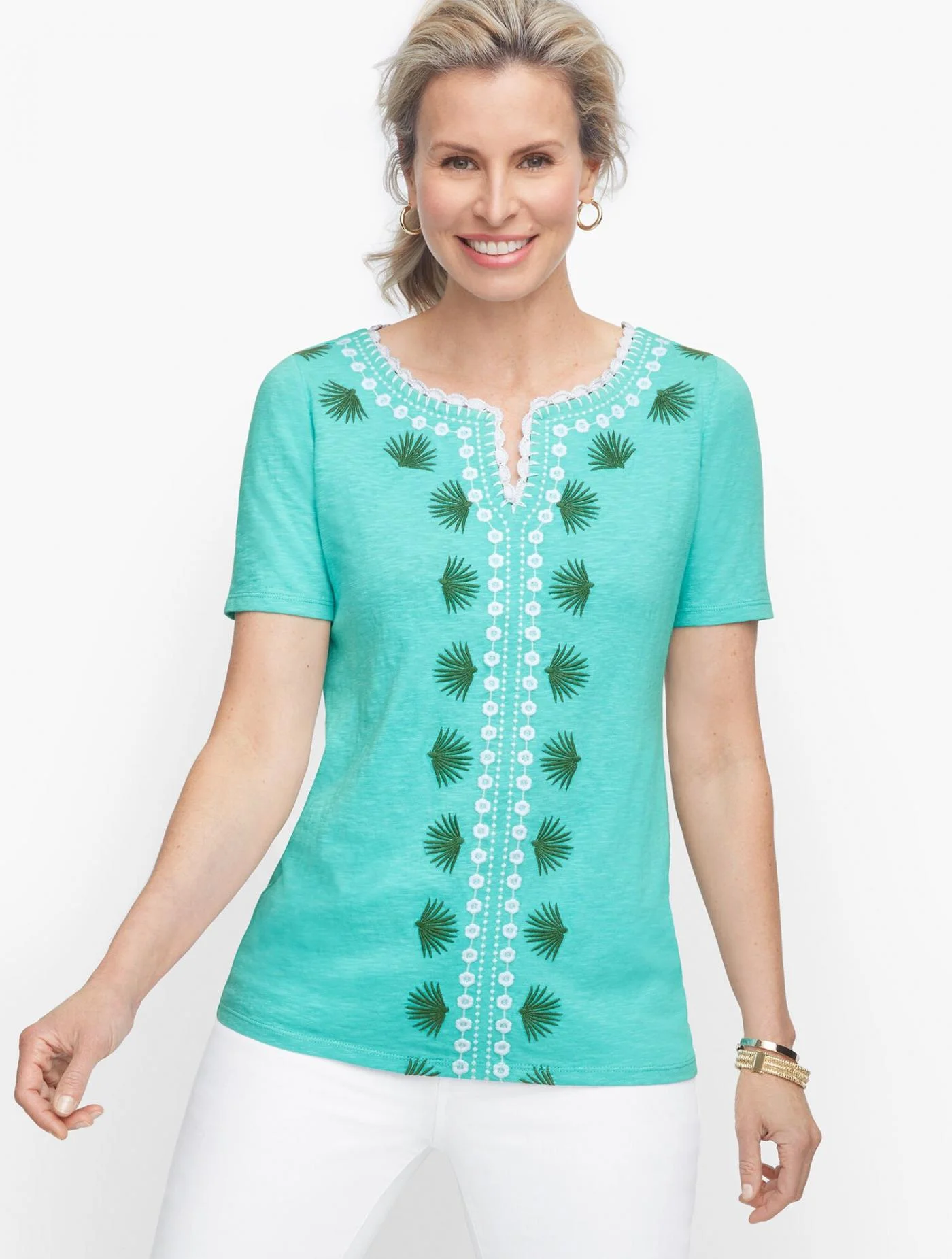 Tees and Knits | Embroidered Palm Frond Tee LAGOON MULTI &#8211; Talbots Womens