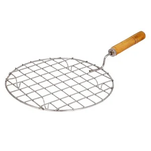 2085 Kitchen Round Stainless Steel Roaster Papad Jali, Barbecue Grill with Wooden Handle