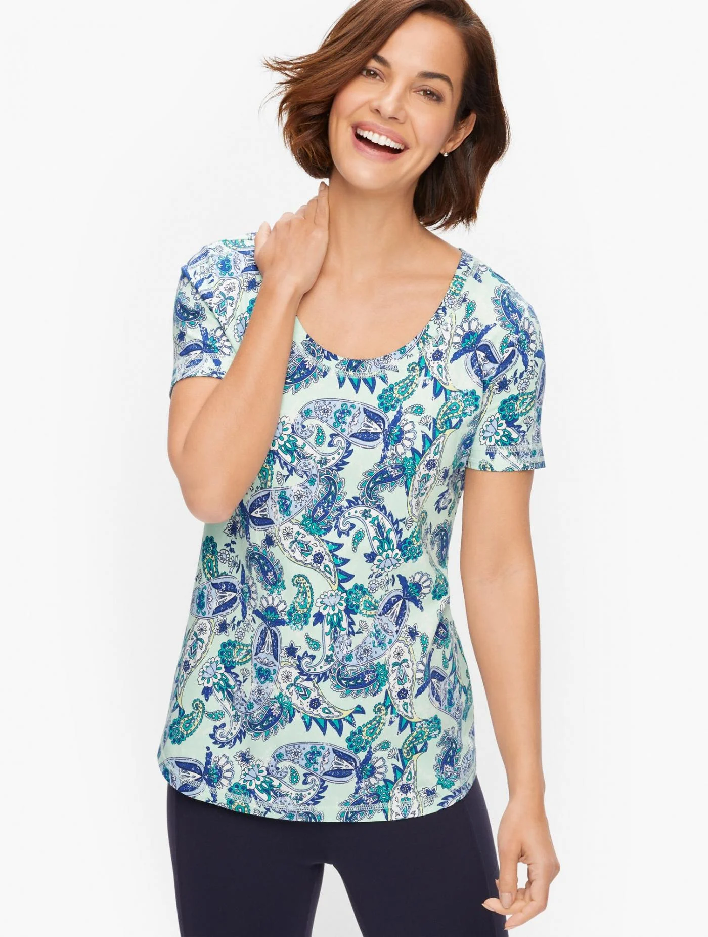 Tees and Knits | Cotton Blend Jersey Tee &#8211; Playful Paisley ICED MINT &#8211; Talbots Womens