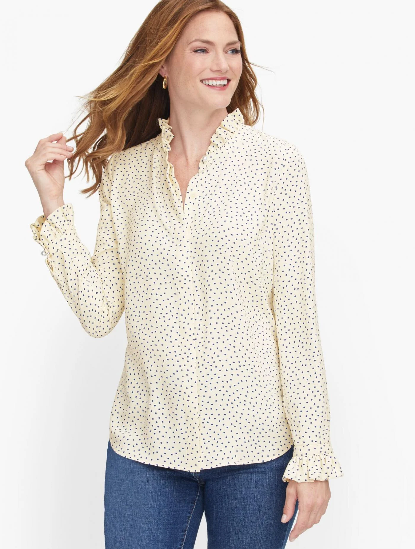 Blouses and Shirts | Ruffle Trim Blouse &#8211; Polka Dot WHITE/INDIA INK &#8211; Talbots Womens